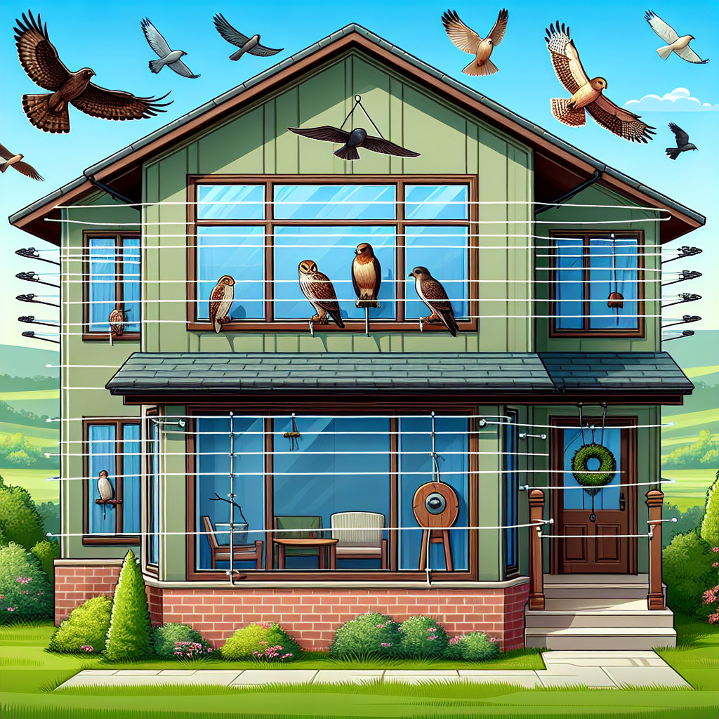 Illustration of a house with multiple windows. Wires are installed at intervals above the windows, forming a visually subtle but effective barrier. Near the windows, there are several realistic bird decoys perched, made to look like a hawk and an owl. Birds of various species are seen hovering nearby, avoiding the windows due to the presence of the deterrents. There's a lush green landscape background with a clear blue sky. The house is of a traditional brick construction with a wooden porch. Remember, there is no text or brand names present anywhere in this scene.