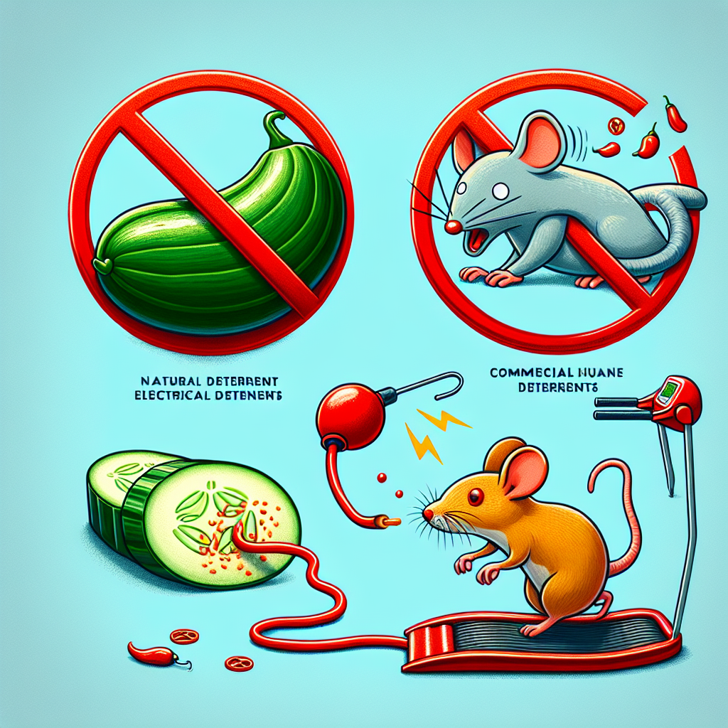 A conceptual illustration showing a selection of deterrents that can be used to stop mice from chewing on electrical wires. Firstly, a round slice of cucumber with a spicy pepper sauce on top, symbolizing a natural deterrent, next to a coil of electrical wire. Secondly, a cartoon mouse recoiling in surprise from a red electrical wire that looks to be unpleasantly flavored, indicating commercial deterrents. Finally, a mouse-sized treadmill powered by a small light bulb, representing innovative and humane deterrents. No logos, brand names, text, or human figures are present.