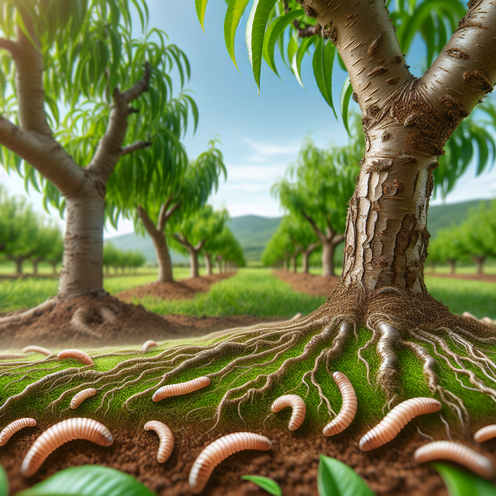 A close up depiction of healthy, lush peach trees under a clear sky. Focus on the details of the bark, showing it free from any signs of borer infestation. On the ground around the trees, depict organic methods used to deter pests, like a layer of beneficial nematodes or a typical homemade spray, hinting at a method of protection against borers. Please exclude any brands and text from the image.
