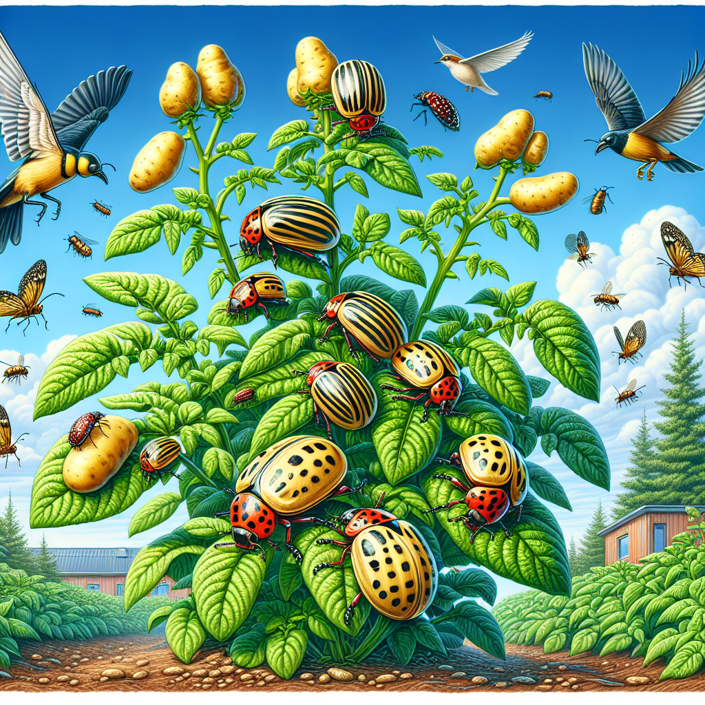 A dynamic garden scene occurring during the daytime. It showcases Colorado potato beetles, known for their rounded yellow bodies with black stripes, crawling on green potato plants. The beetles are being combated scientifically, through the use of environment-friendly methods. In one part, we can see predatory insects like ladybugs and lacewings feeding on these beetles. Another corner depicts a bird pecking at the beetles, thus naturally controlling their population. The garden is devoid of any humans, brand names or logos, and no text of any kind can be seen in the picture.