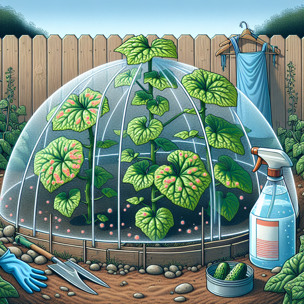 Illustrate an image depicting the battle against the Mosaic Virus in cucumber plants. The setting is a simple backyard garden, wherein cucumber plants are growing. Each plant is shown in various stages of the virus, from the first signs of infection to advanced stages, exhibiting distinctive patterns formed due the virus. Visualize a clear, protective barrier surrounding the unaffected plants, symbolizing the efforts in combating the virus spread. To signify preventative methods, include tools such as a spray bottle filled with an unbranded, organic pest control solution and sterilized gardening gloves. Do not feature any individuals or text in this depiction.