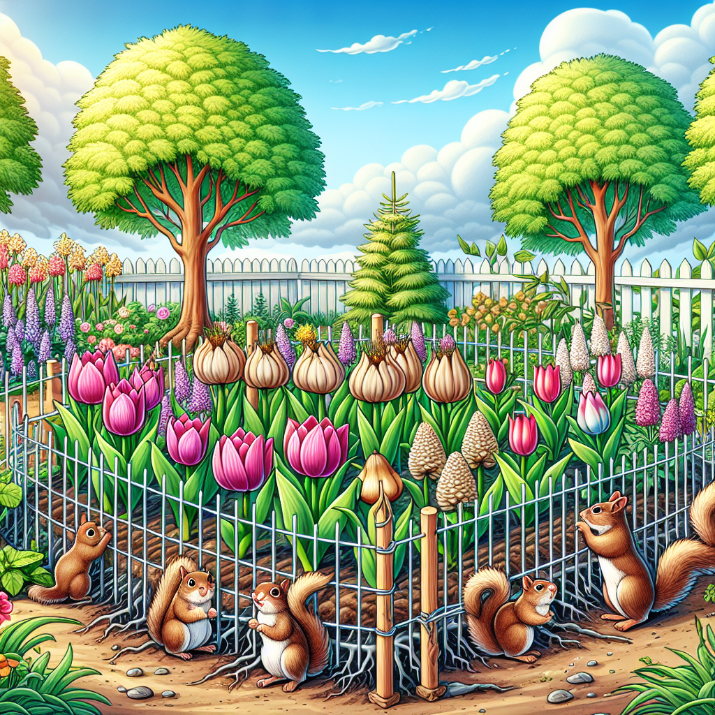 A useful and informative illustration showing a garden scene devoid of human presence. Depict various types of beautifully blooming flowers, their bulbs deeply secure underground, surrounded by a small fence that has been installed around the flower bed. Several squirrels are seen trying to approach from different directions but are halted by the protective barrier. In the background are tall, leafy trees where the squirrels may reside. Provide a clear bright sky overhead that adds warmth and cheer to the garden ambiance. However, any text, including labels, descriptions, brand names, or logos, should be omitted from this visual representation.