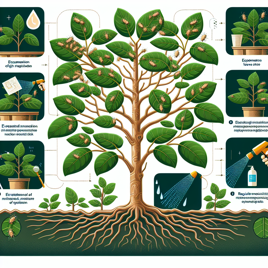 An infographic depicting a process to prevent Thrips on indoor Ficus trees. The image showcases the detailed illustrations of indoor Ficus trees, with light brown spindly trunks topped with a canopy of lush, dark green leaves. There are enlarged visuals of Thrips, small yellowish insects, on a leaf. There's also a sequence of illustrations showing preventive measures like examination of leaves, using natural insecticides, and regular moisturizing of plant. A preventative spray nozzle directed towards a plant, and water droplets landing on leaf surfaces are also required. Make sure this information is shown through symbolism and illustration only, without any text, people, brand names or logos.