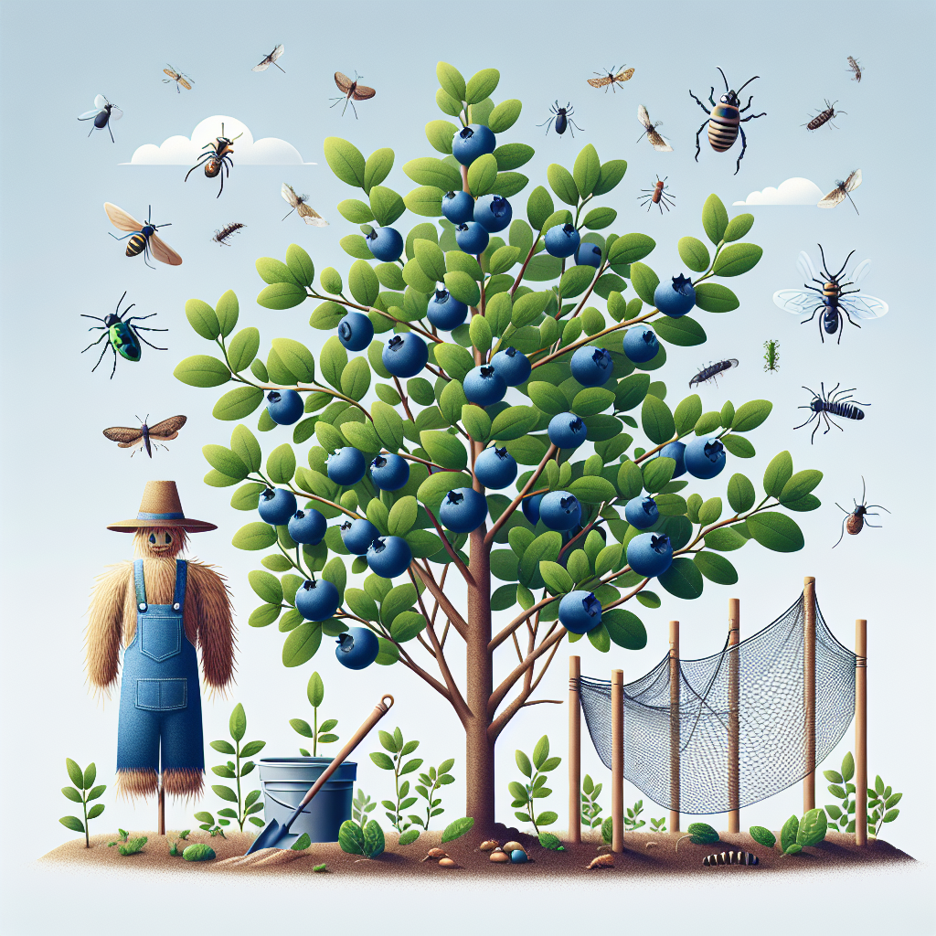 An image representing the concept of deterring pests from blueberry bushes without using any text or showcasing people. It features a healthy, bountiful blueberry bush gleaming under the sunshine, an organic scarecrow made of natural materials nearby and a constructed bird netting protecting the bush. There are also various types of insects widely recognized as pests, like beetles and caterpillars, seen moving away from the bush. No logos or brand names are included.