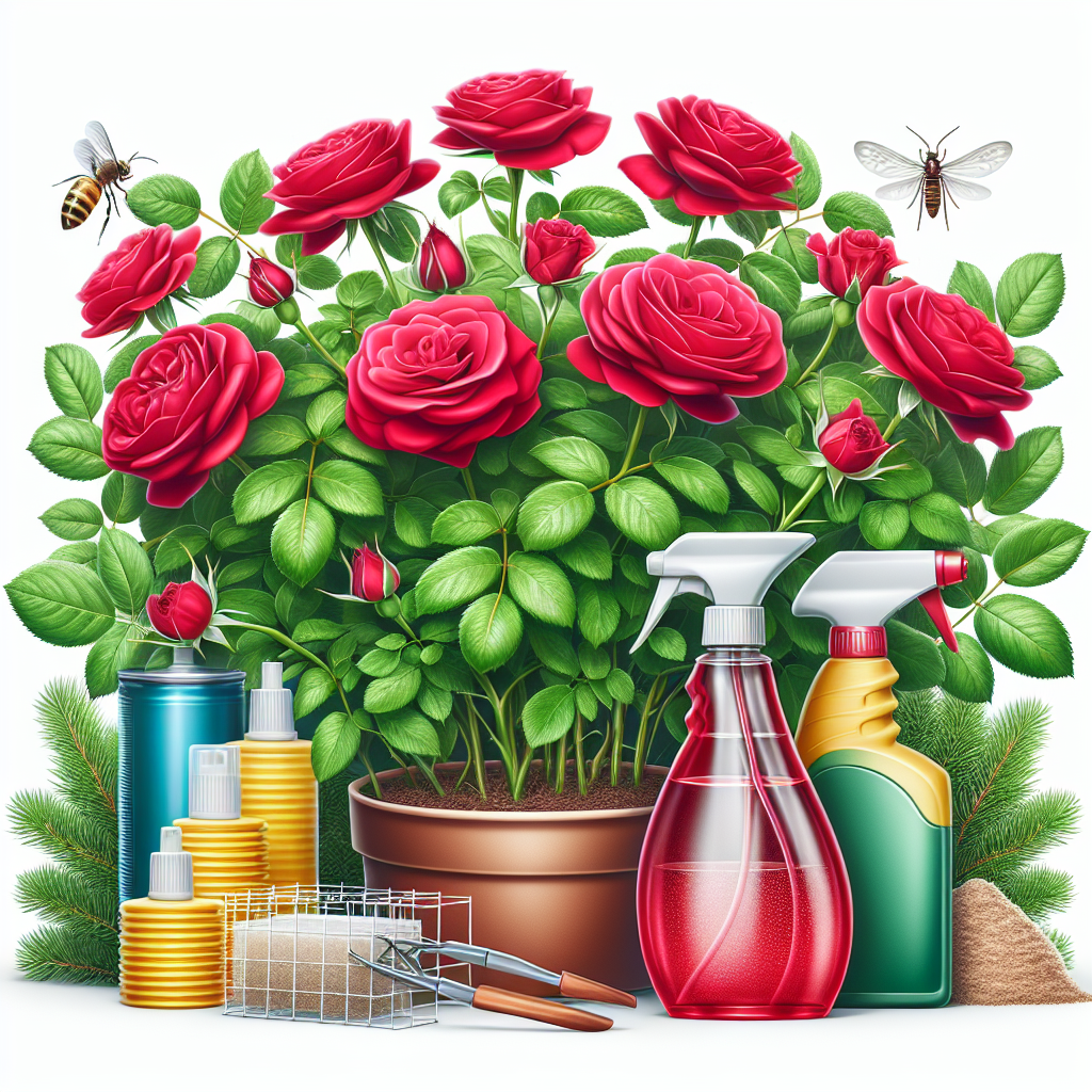 A close-up view of vibrant, healthy red roses in full bloom with lush green leaves. To the side, an array of eco-friendly, generic pest control methods, such as a spray bottle with a clear liquid, a yellow sticky trap, and a small bag of diatomaceous earth. No humans are present in the scene. Care is taken to ensure no brand logos or text appears within the image.