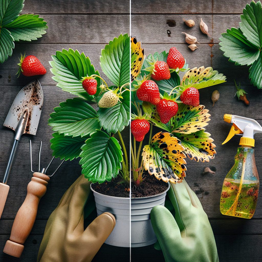 A detailed and close-up image of a healthy strawberry plant with luscious green leaves and vibrant red strawberries contrasted with a strawberry plant exhibiting symptoms of Leaf Spot Disease, showcasing yellowing and black spots on the leaves. The tools used for combating the disease, including but not limited to, gloves, a garden trowel, and a spray bottle filled with organic pesticide, are laid out nearby but aren't branded. The atmosphere should be one of careful and precise care indicating action against the disease.