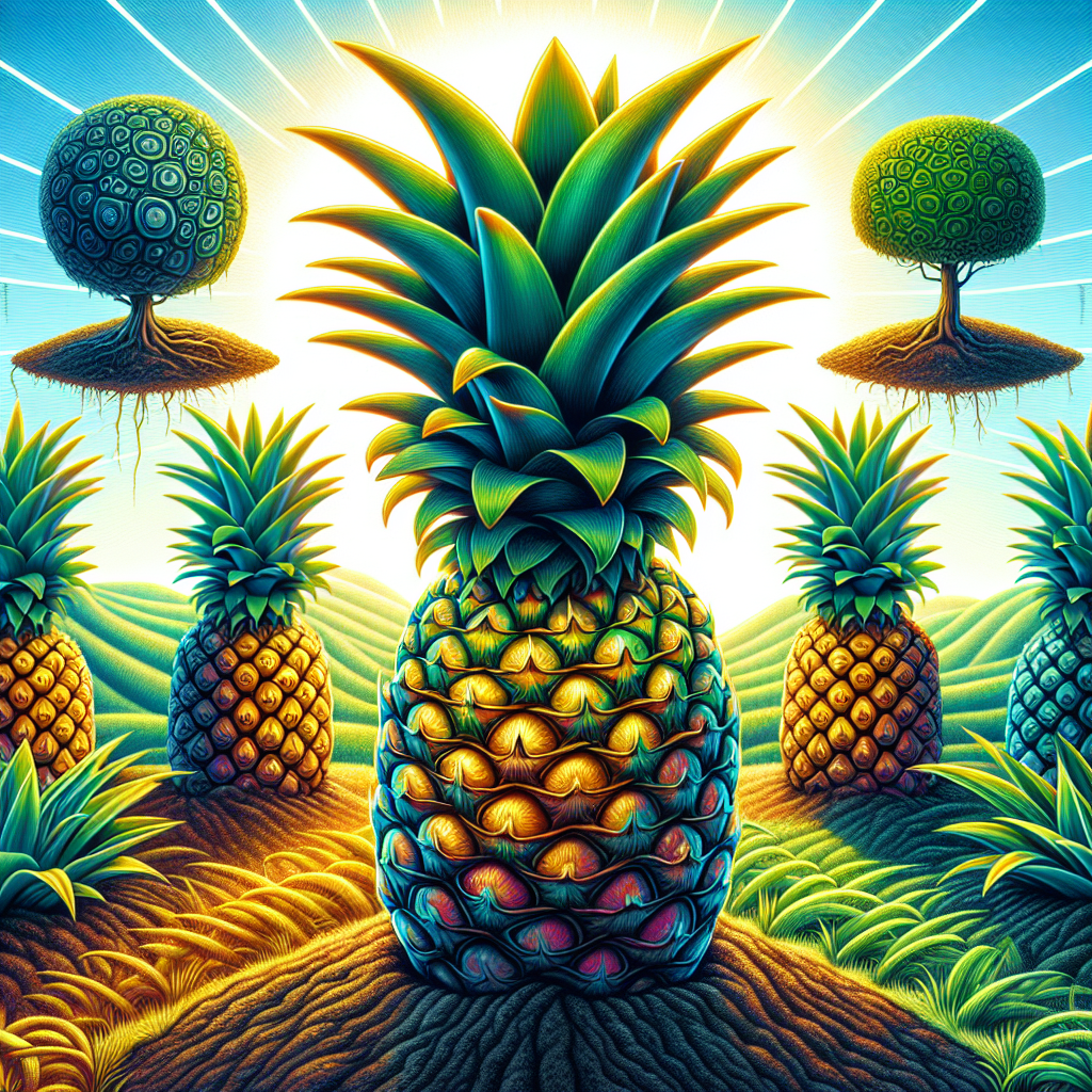 A vivid and vibrant depiction of a flourishing pineapple plant healthily planted in rich soil. The pineapple showcases signs of excellent health, boasting a robust structure and beautifully dynamic green leaves crowning it. It takes center stage within the image. In the background, there's a representation showing the absence of Fusarium Crown Rot. This is shown as a group of pineapples thriving healthily vs deteriorating ones, clearly indicating the result of preventative measures. Also visible in the symmetrical landscape is the tropical climate that's ideal for growing these fruits, complete with a radiantly shining sun.