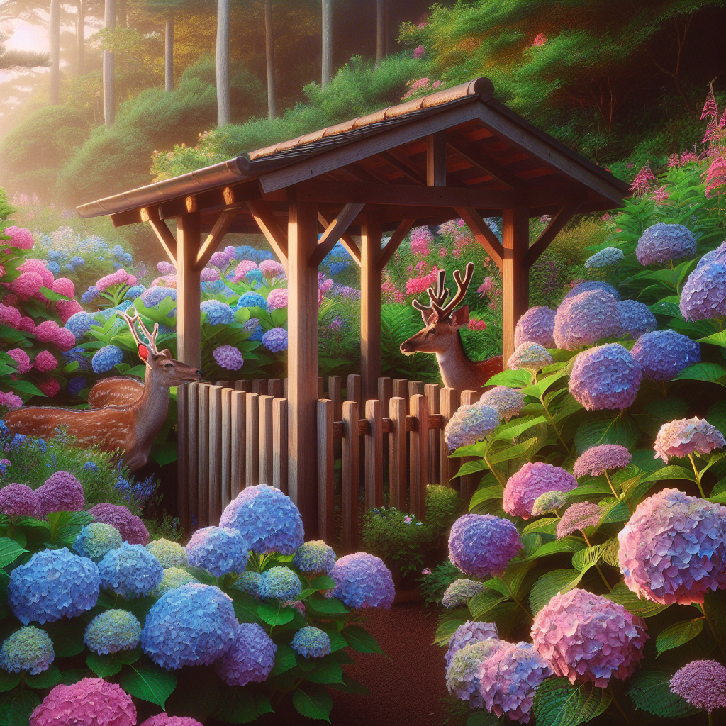 Create an image showing a picturesque garden scene with lush, blooming hydrangeas in various shades of blues, pinks, and purples. A wooden structure surrounds the hydrangeas, acting as a clear barrier. Next to the garden, a couple of inquisitive deer are shown, their attention visibly drawn by the vibrant flowers, but they are visibly deterred by the wooden structure. Soft sunlight is washing over the scene, casting a warm hue on everything. The overall setting should feel peaceful and bucolic, devoid of brand logos, human figures or text, successfully reflecting the charm of nature and showcasing a practical setup to keep deer away from hydrangeas.