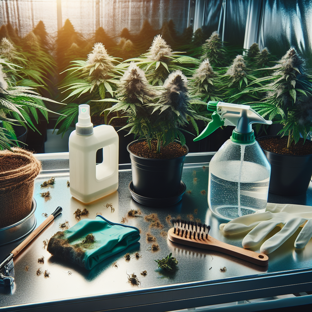 An image showcasing preventative measures to avoid powdery mildew on cannabis plants. The scene could include a well-ventilated grow room, a sprayer filled with homemade mildew deterrent solution such as a mix of milk and water, as well as a pair of gloves and a small brush for gently removing any mildew spotted. Additionally, illustrate healthy, green and flourishing cannabis plants, possibly in different stages of growth. No text, logos, brand names or people should be present in the image.