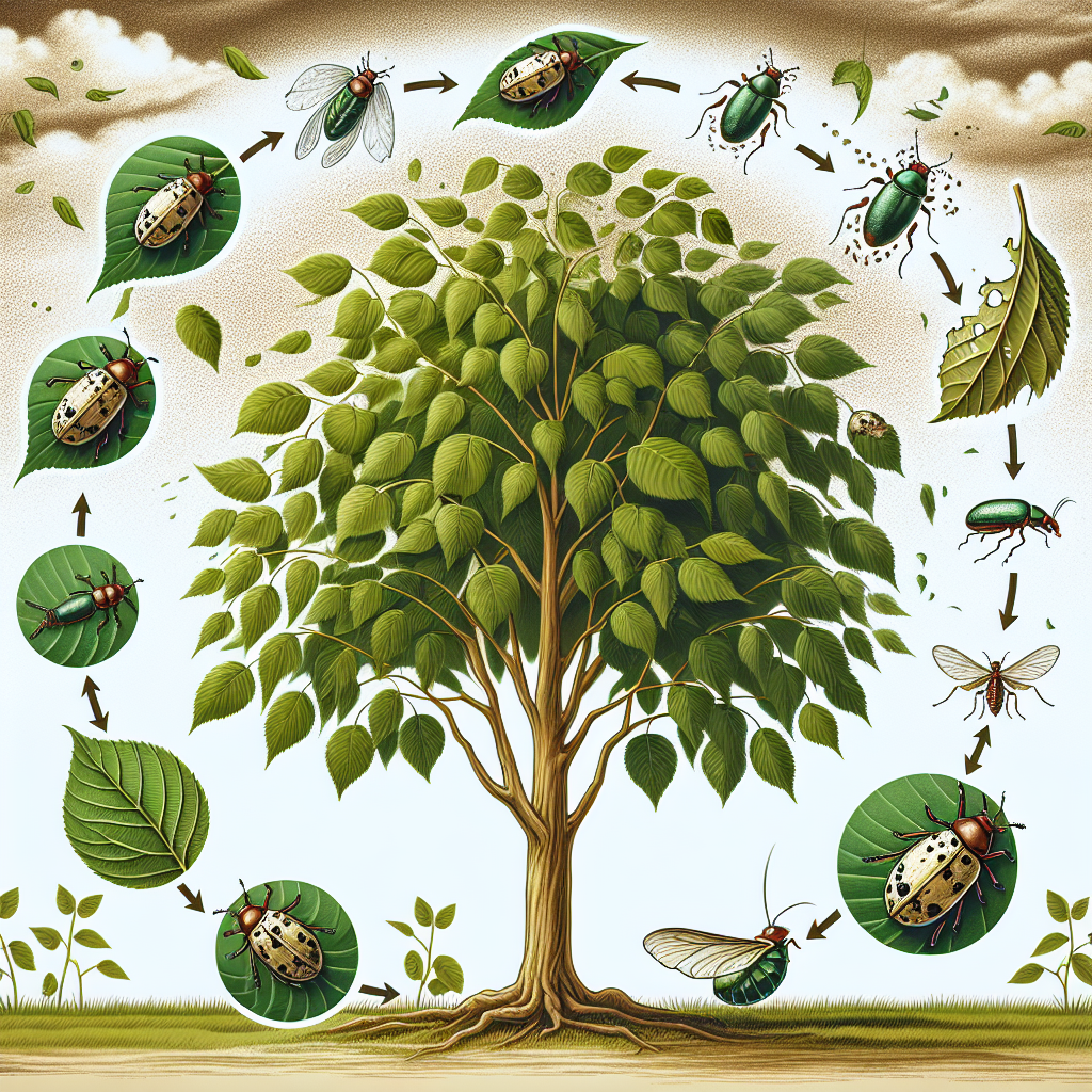 An illustrative image showing various stages of a leaf beetle's life cycle with a background showing an elm tree infested by leaf beetles. The image should also depict the impact of beetles on the tree's leaves, like the chewed leaves. Show signs of a natural solution being used to stop the beetle infestation, such as predatory insects hunting leaf beetles. The image does not contain any text, people, brands, or logos.