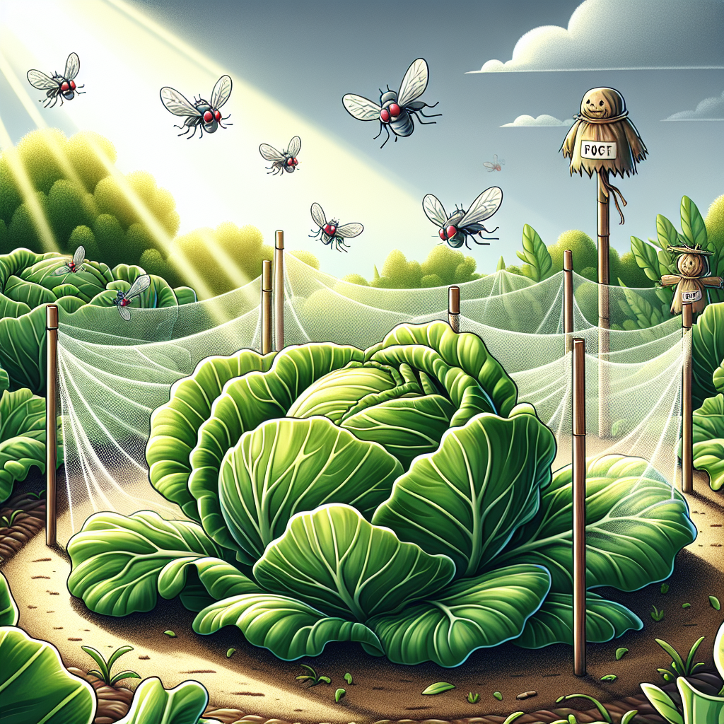 An illustration portraying the struggle of nature. Display a bright, blooming cabbage field bathed in sun light. The cabbage leaves are rich green and they appear crunchy and fresh. Hovering around the field are cabbage root flies, depicted with grey bodies and red eyes. You can see a simple protective mesh barrier set up around the cabbage field to keep the flies at bay. There's also a make-shift scarecrow, not too scary, just enough to fend off any potential pests. Please, no text, no logos, no brand names, and no human Figures in the image.