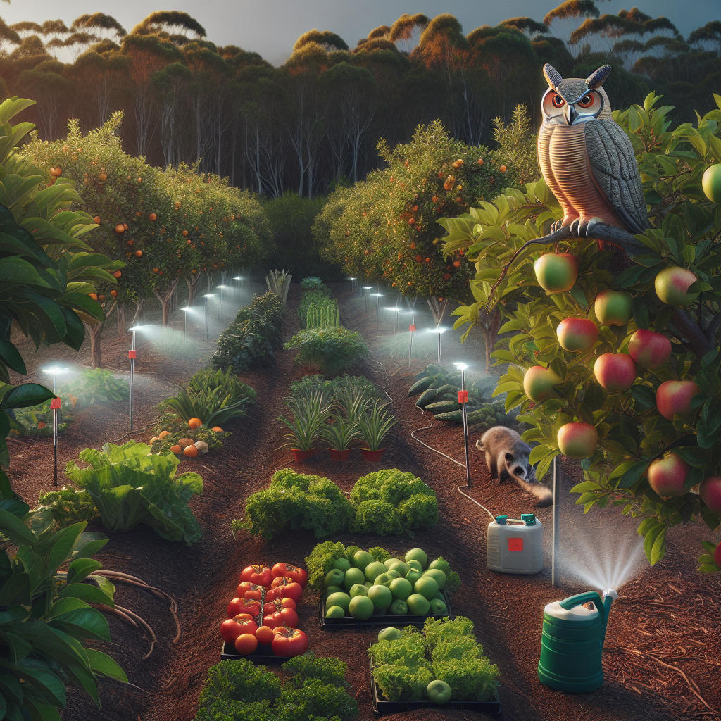 A serene orchard at dawn featuring diverse species of lush fruit trees with a vibrant variety of fruits such as apples, pears, oranges, and plums. Decoy plastic owls perched on the branches and deterrent sprays visible. An organic garden with rows of assorted vegetables like tomatoes, cucumbers, and lettuce, with motion-activated water sprinklers set up around. In the distance, an intrigued possum cautiously observes from the edge of a wooded area, clearly deterred by the protective measures.