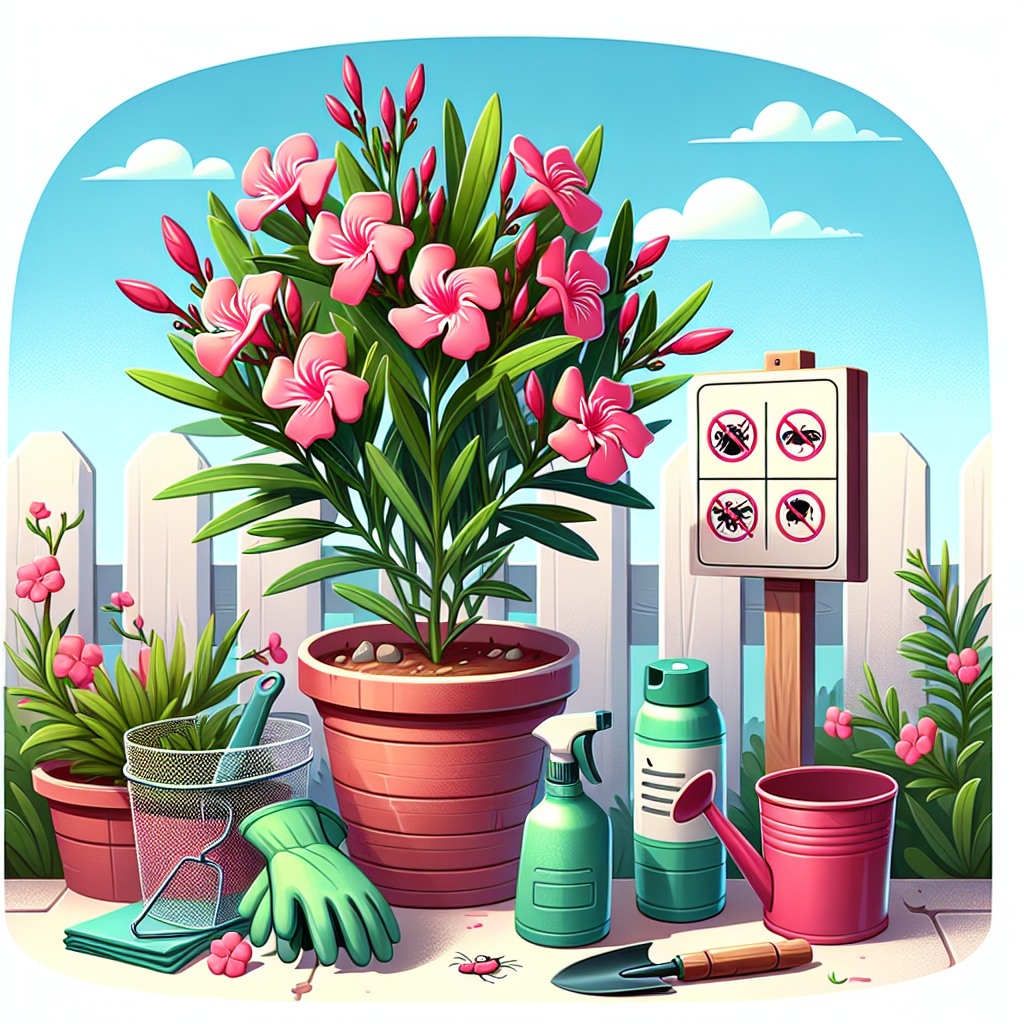 Illustration of an outdoor garden scene featuring an oleander shrub with vibrant pink flowers. Next to the shrub is an information placard that does not contain any text but symbols indicating the steps to protect the plant. The symbols entail a caterpillar with a cross over it signifying pest control. In the foreground, display gardening tools such as gloves, a small shovel, and a spray bottle without any labels. There is a mesh cover near the plant indicating a protective barrier against pests. The sky above is clear blue, daylight is bright and there's a white picket fence in the background.