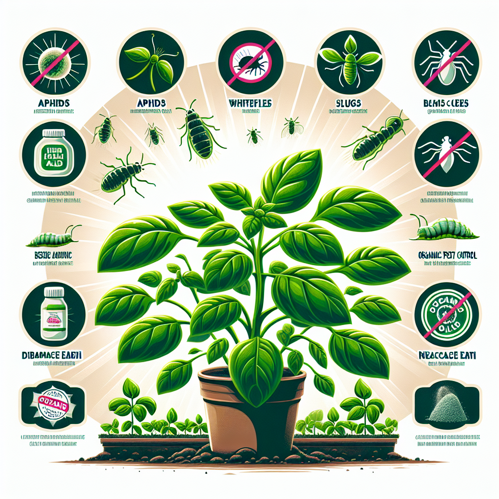 An educational image depicting common pests that are known to affect basil plants. In one section of the image, there's a healthy, lush basil plant bathed in sunlight. Adjacent to that, the image represents common pests such as aphids, whiteflies, and slugs presented with identification markers but no text. Interspersed with these are non-branded, generic icons representing organic pest control methods like neem oil and diatomaceous earth. The design should not include any humans or brand names or logos, and should be intended to visually instruct readers on how best to protect their basil plants from these pests.