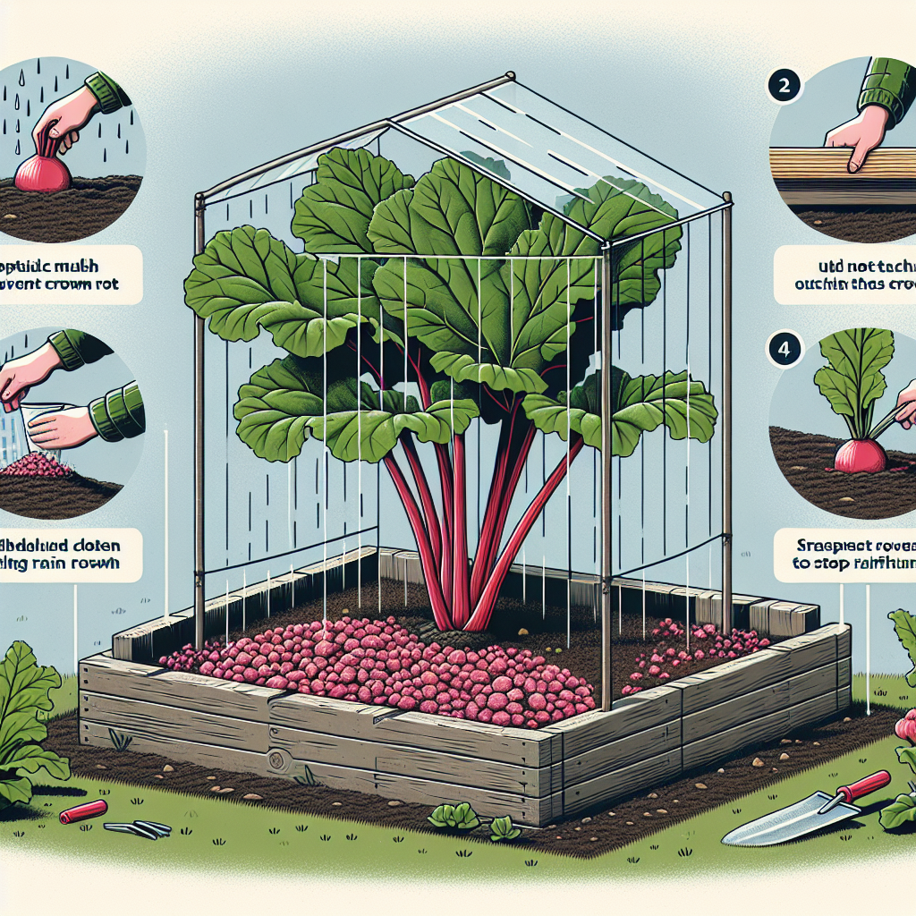 An outdoor scene with a large rhubarb plant situated within a well-drained garden bed. There are signs of protection measures taken to prevent crown rot: mulch is distributed around the base of the plant, but not touching the crown, and a transparent cover installed above it to stop excessive rainfall. A few step-by-step pictorial instructions showing the method of application of mulch around the rhubarb plant and the way the rain cover is installed, all without any text or brand names.