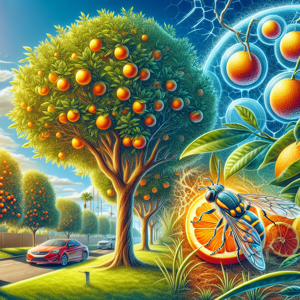 A vivid depiction illustrating the process of combating Citrus Gall Wasp in Citrus trees. The image showcases a healthy, lush citrus tree on a bright sunny day, dotted with ripe oranges, tangerines and lemons. Close by, another citrus tree showing the signs of infestation is visible - its branches heavy with galls that have been formed by the wasp. A semi-transparent image of the citrus gall wasp hovers near it. The various stages of battling the wasp - using natural predators, chemical treatments, pruning infected branches, are subtly implied but no people or brand names are depicted.