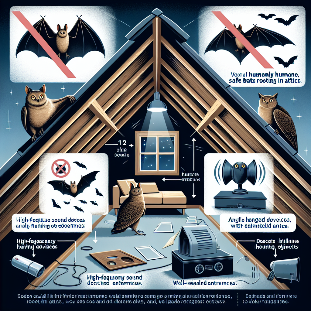 A visual representation demonstrating various humane and safe methods to deter bats roosting in attics. The image could include a pair of bats veering away from a well-lit, immaculately cleaned attic with well-sealed entrances. Other deterrent elements may include high-frequency sound devices, angular hanging objects, and a decoy owl. Do not include any people, branded items, logos, or written text in the image.