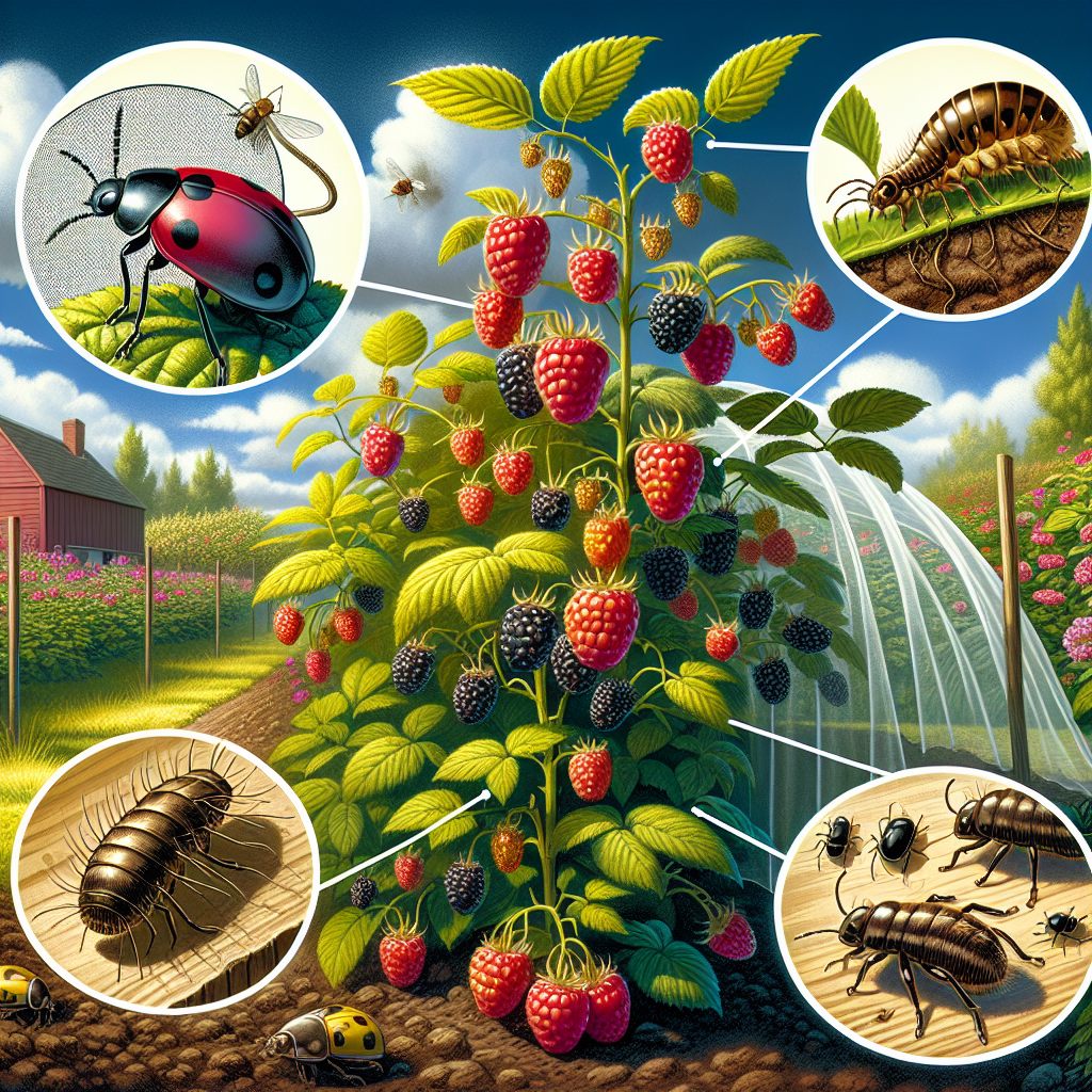 An illustration representing the theme of protection against pests specific to berry cultivation. Picture a thriving blackberry bush full of ripe berries. Closeby, show a detailed image of Raspberry Crown Borer, a significant pest species. In the foreground, show physical and organic measures used for pest protection, such as a small mesh net covering part of the bush and some beneficial insects like ladybugs predating on the pests. All of this is set in a quintessential garden setting under clear, sunny skies. There are no humans, text, or brand specifics in this vivid, educational depiction.