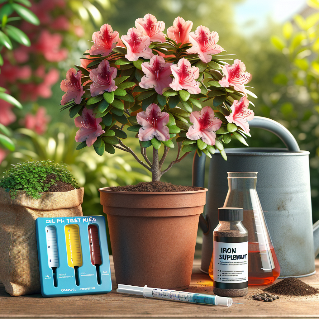 A detailed, non-branded visual depiction of a healthy, robust azalea shrub thriving in an outdoor setting. In the foreground, a pair of soil pH test kits and a bottle of iron supplement, indispensable tools in preventing iron deficiency in azaleas, are placed. In the background a practical watering can and a bag of organic compost, further suggesting the maintenance required for the azaleas. The natural daylight showing an optimal environment for the azaleas but no people, text, brand names, or logos are present in the scene.