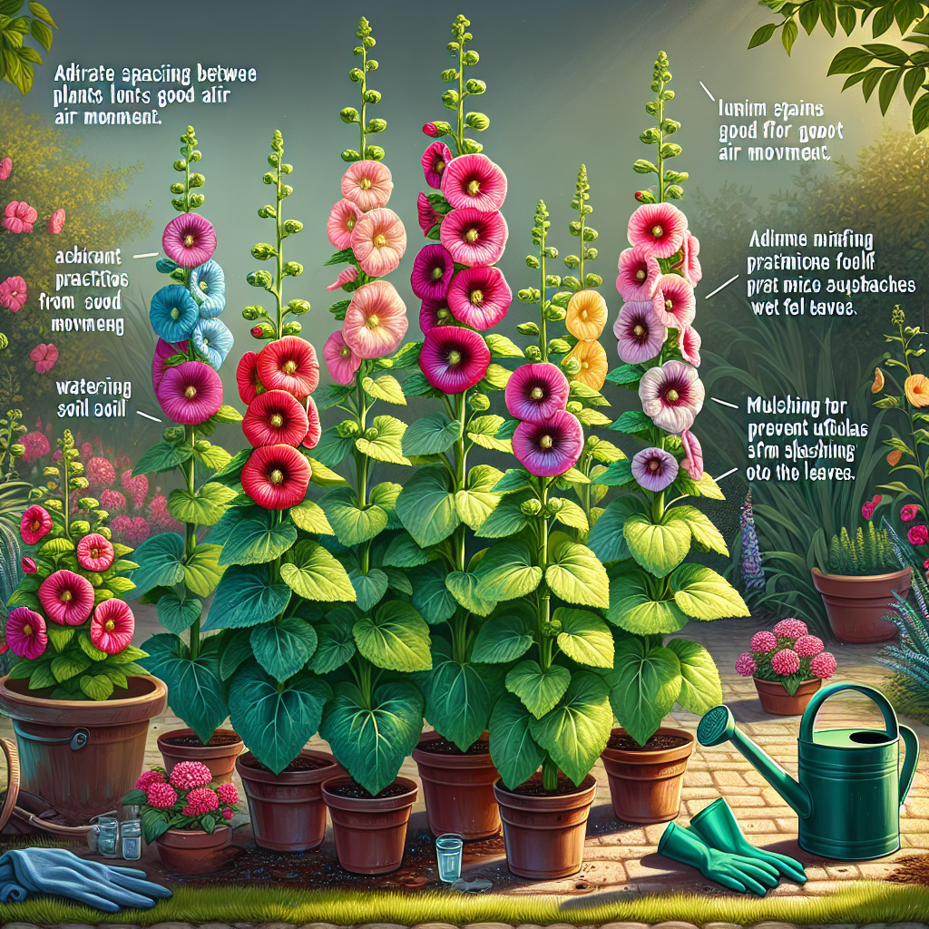 A garden scene during the day highlighting robust hollyhocks standing tall and full of vigor. The flowers, in an array of vibrant colors, demonstrate impeccable health, untouched by any plant disease. Visible within the image are common methods for preventing hollyhock rust - adequate spacing between plants for good air movement, watering practices that minimize wet leaves, and mulching to prevent fungal spores in soil from splashing onto the leaves. A pair of unused gardening gloves and a watering can are placed strategically, indicating human care but without people in the scene.
