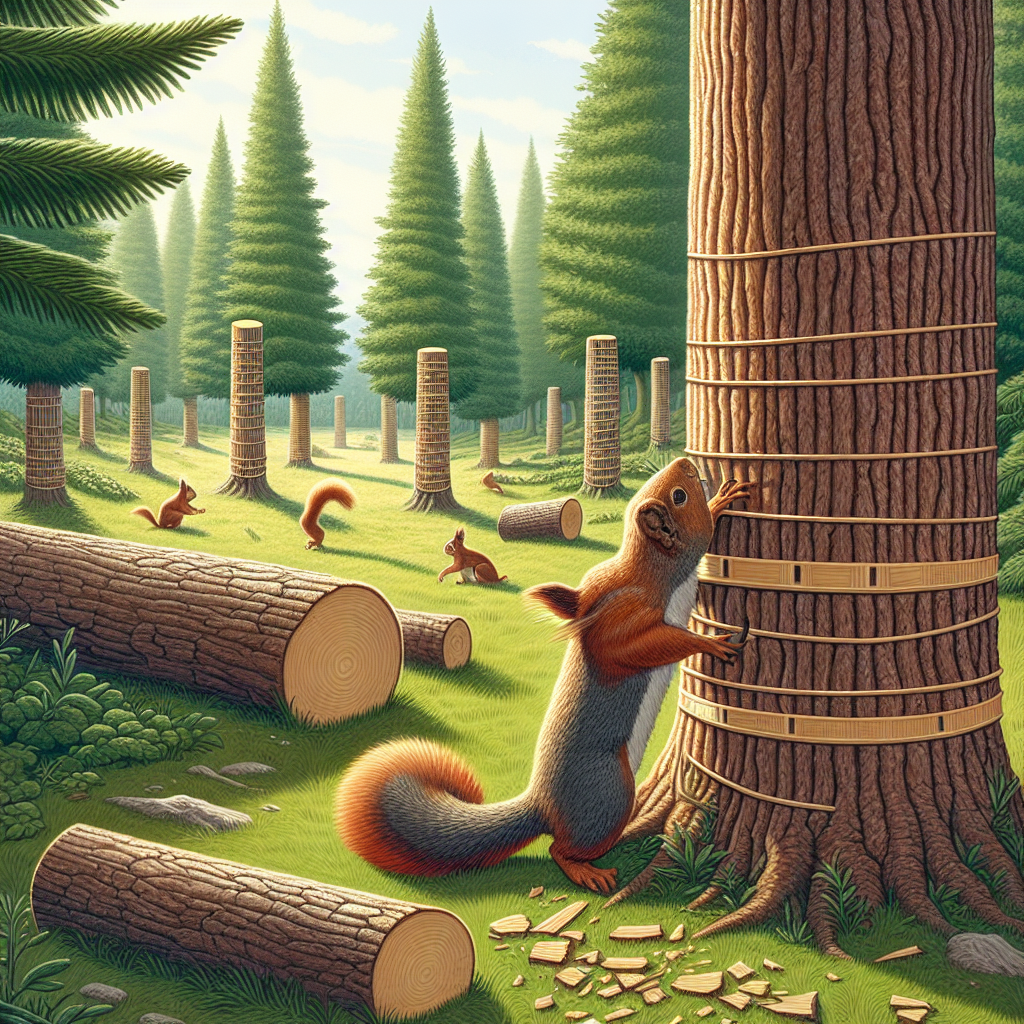 An illustration that portrays the actions of a squirrel stopped from bark stripping on a tree. In the scene, a squirrel is looking curiously at a newly installed tree guard on a large, healthy-looking tree. Instead of gnawing on the bark, it's exploring the guard with its tiny paws. In the background, there are more trees in a dense forest, some with guards installed, and some without. The atmosphere reflects a typical sunny day with a clear sky. The scene is peaceful and natural, devoid of any human presence, text, brand names, and logos.