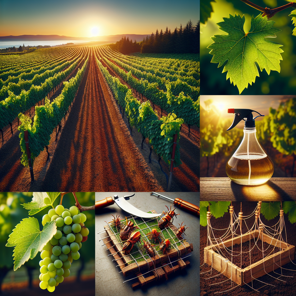 An image showing a vast expanse of vineyards stretching towards the horizon. The vibrant sun gently lights up rows of grapevines, their lush green leaves pleasantly contrasting against the rich, fertile soil beneath. Closeups of a few grape leaves show their perfect, healthy state, with no signs of pests or damage. A spray bottle filled with a clear liquid resting near one of the vine beds signifies a prevention method. Various handmade old-school traps crafted from wood and strings, probably for pests, are scattered across the vineyard. All these protect the grapevines from the grape leaf skeletonizer.