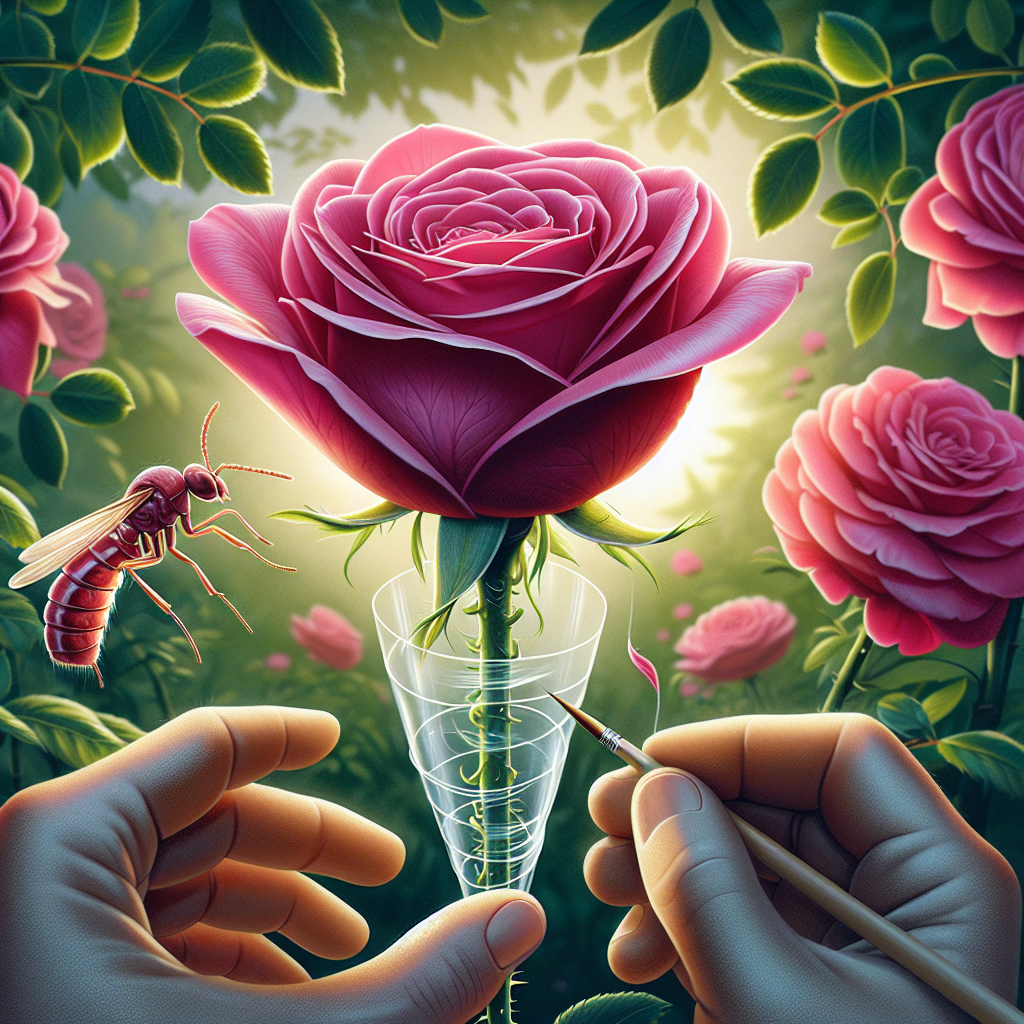An instructional image showing the process of protection for roses from stem girdlers insect pests. A close-up scene of healthy, blooming roses in vibrant pink color. The focus is a stem that is being wrapped in a clear protective material to prevent the pests from girdling. No brands or logos are present. A small, realistic, artistic depiction of the stem girdler insect is placed nearby for context. The surroundings are filled with green foliage, creating a sense of a lush garden. There are no humans or animals present in the image. The atmosphere is peaceful and serene.