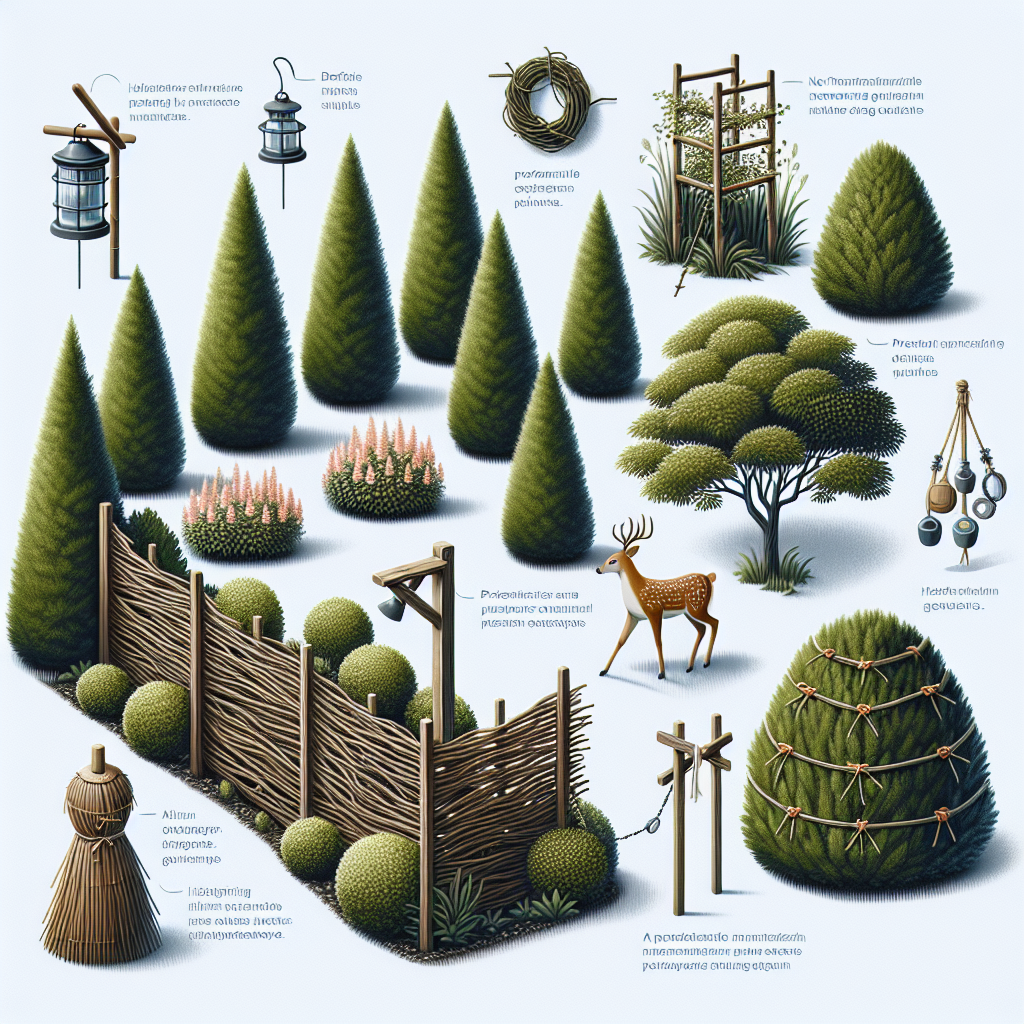 An illustration displaying a serene garden scene featuring several arborvitae (evergreen shrubs). There is a range of preventative measures implemented to deter deer, such as a non-threatening scarecrow, a high yet aesthetically pleasing natural fence woven from twigs, and hanging reflective objects. The absence of people emphasizes the tranquility of the scene. All the items in the image are devoid of text labels or brand symbols, maintaining the natural calmness of the scene.