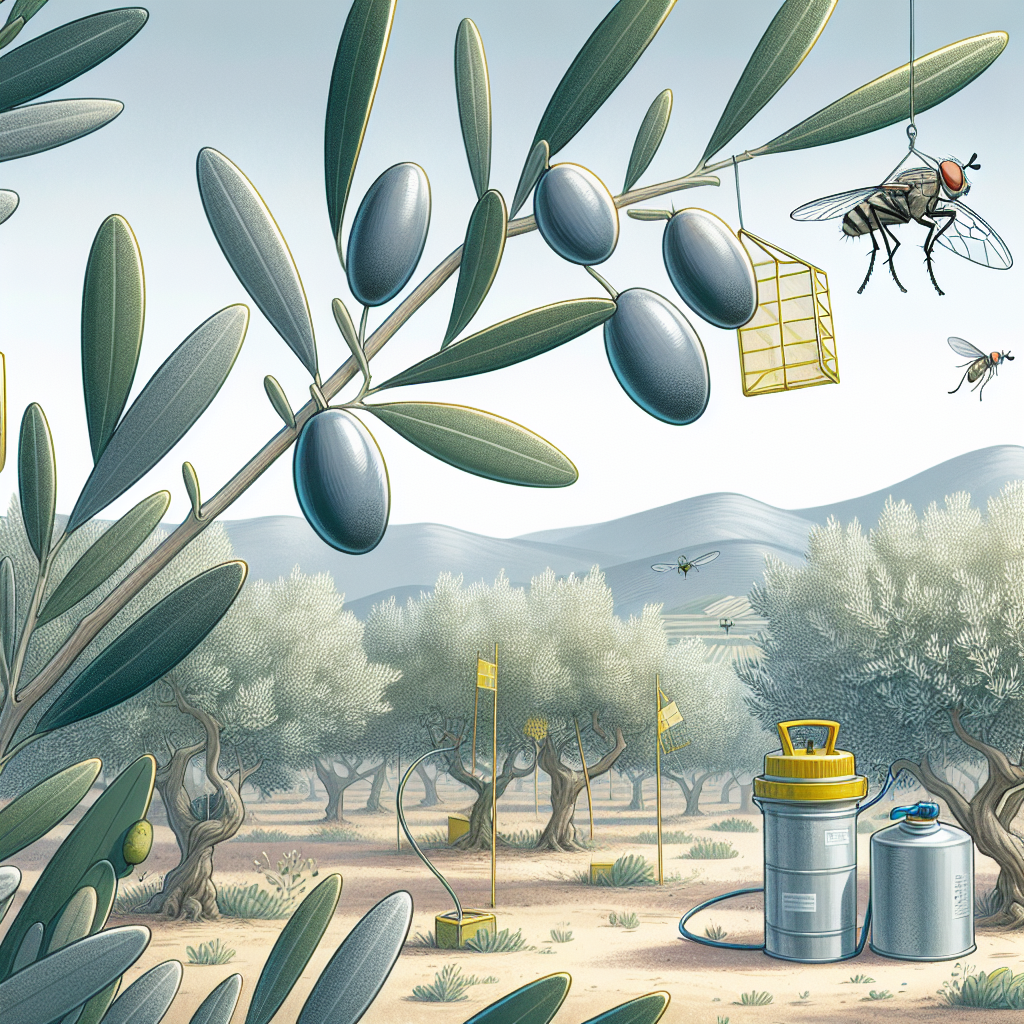 An illustrative scene showing the measures taken to protect an olive grove from olive fruit flies. An olive grove, with gray-green leaves shimmering in the sunlight, spans the landscape. Small yellow traps are hanging from the branches, designed to catch the pests. Near the grove, you can see a sprayer canister, hinting at the use of organic pesticide. In the foreground, an up-close view of an olive branch shows a tiny olive fruit fly hovering near an olive, portraying the cause of the threat.