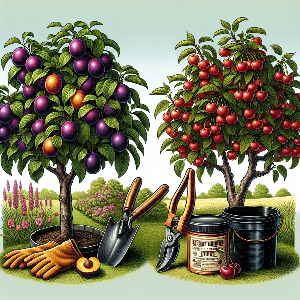 A detailed illustration of a healthy plum and cherry tree standing side by side in a lush garden. The plum tree on the left is covered in a rich display of ripe, juicy plums while the cherry tree on the right is adorned with bright red cherries. In the foreground, there's a pair of gardening gloves, a small, hand-held pruning shears, and a sealed pot of black knot fungicide, all displayed against the backdrop of a grassy field. Please keep the image clean of any text, brand names, or logos, and refrain from incorporating people into the scene.