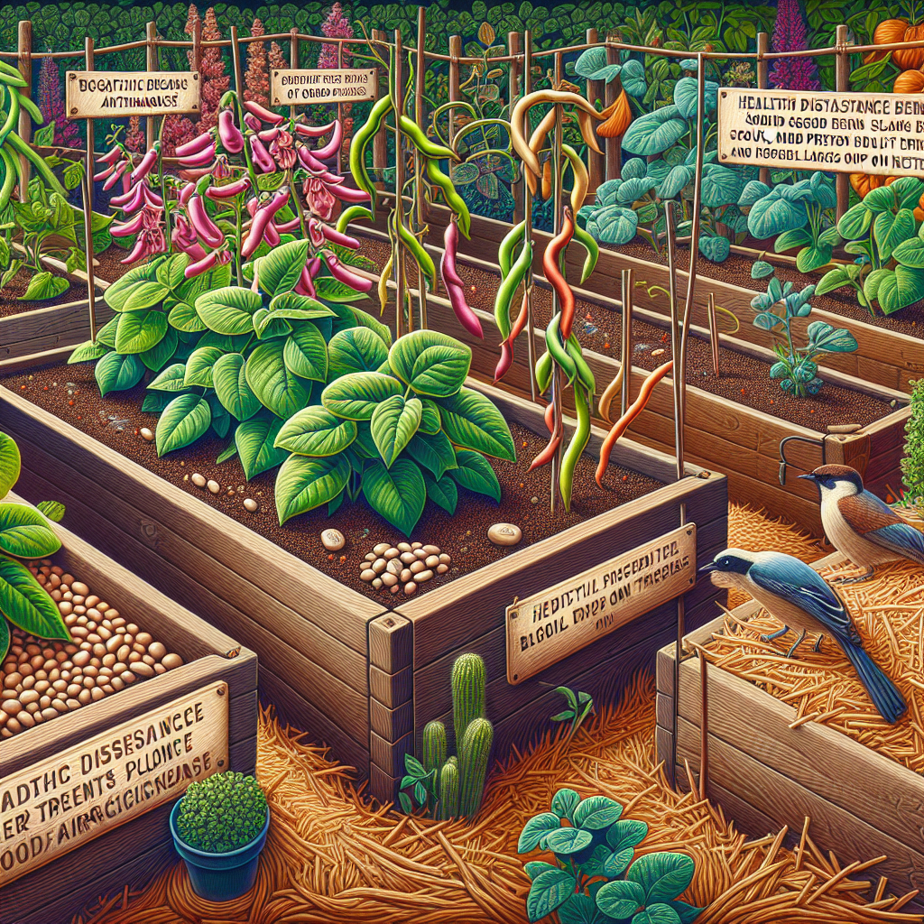 A vivid and detailed depiction of beans and legumes on garden plants. They're healthy and thriving in bespoke raised beds filled with rich, fertile soil. Intermix the scene with organic preventive measures against anthracnose disease, including healthy distance between plants for good air circulation, straw mulch to prevent splash-up of soil onto the plants, and a cheeky bird pecking on insects. Please refrain from illustrating human figures, text, brand names, and logos in this scene.