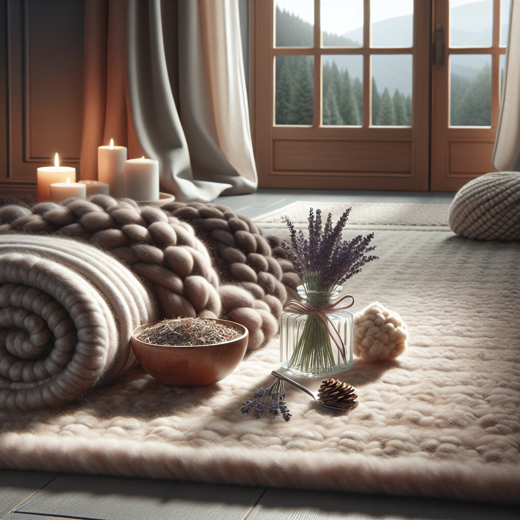 A well-lit and inviting home interior scene focusing on a plush, luxurious wool rug, distinct for its rich and varied hues. Flanking one side of the image are natural deterrents against moths: a small bowl filled with aromatic cedar chips, and a sprig of fresh lavender tied together with a delicate ribbon. These objects are placed decoratively, subtly hinting at their practical nature. On the other side, a closed window signifies a protected indoor environment. The scene embodies a peaceful, moth-free sanctuary, without featuring any human presence or corporate branding.