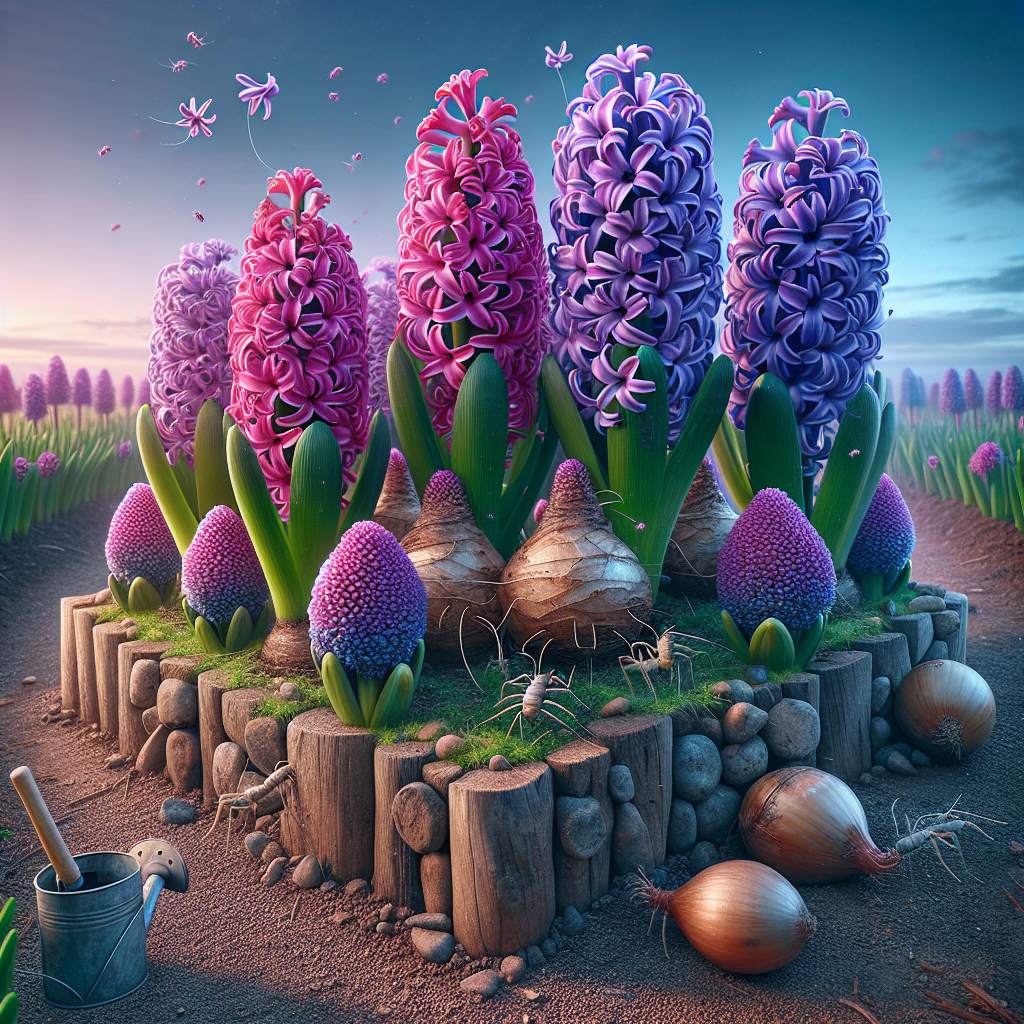 A stunning visual representation of hyacinths in vibrant shades of purple and pink situated in a garden. The flowers are protectively surrounded by a natural barrier made of small pebbles and wood chips. Bulb mites, portrayed as tiny, whitish figures, are trying to approach the flourishing plants but are deterred by the barrier. The atmosphere is tranquil and the sky overhead is a serene zenith blue with lingering hints of a sunset. Other elements include gardening tools like a small, unbranded trowel and watering can resting nearby, hinting at continuous upkeep and diligent care of the garden.