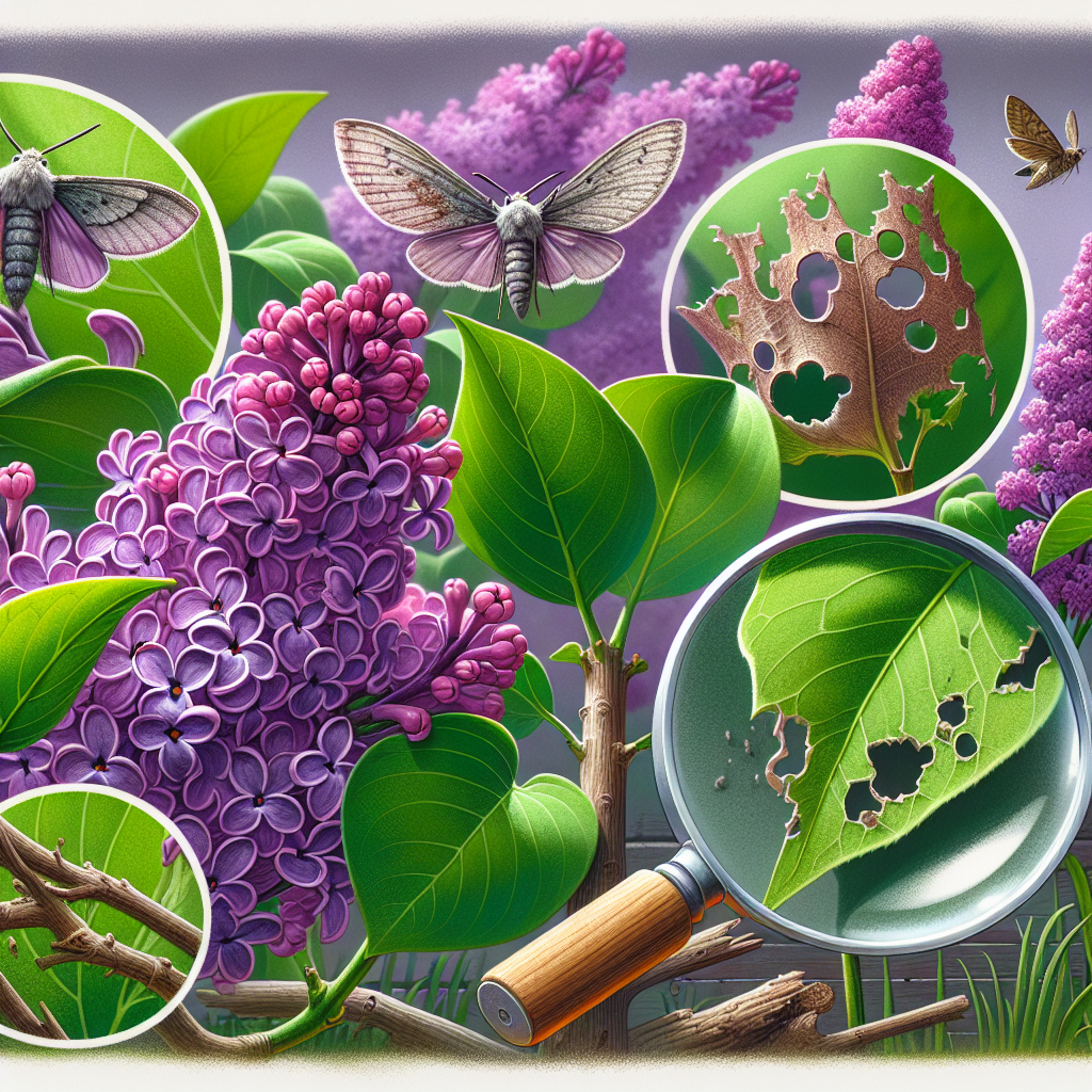 An educational and detailed image showing a garden scene focusing on lilac bushes. The bushes are lush, purple and in full bloom bearing the tell tale heart-shaped leaves. Close-up section shows the culprit - the lilac borer - a moth that bore in to the lilac stems disrupting water and nutrient flow, along with a magnifying glass next to it for scale. Also emphasized are the effects of the lilac borer infection: wilting leaves and holes in stems. In the other part of the scene, a natural way of combating the pests is portrayed, such as a predatory bird hovering above, ready to catch the pests.