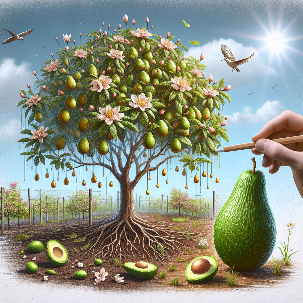 A visual representation of an avocado plant struggling with blossom drop. The tree stands on a fertile soil, filled with nutrients appearing rich and moist. Surrounding it, a few fallen flowers are depicted to illustrate the blossom drop. Towards the right, the artist portrays an ideal image of a robust, healthy avocado tree laden with abundant fruits, its blossoms intact. Use a daytime setting under a clear blue sky to demonstrate the healthy lighting conditions required.