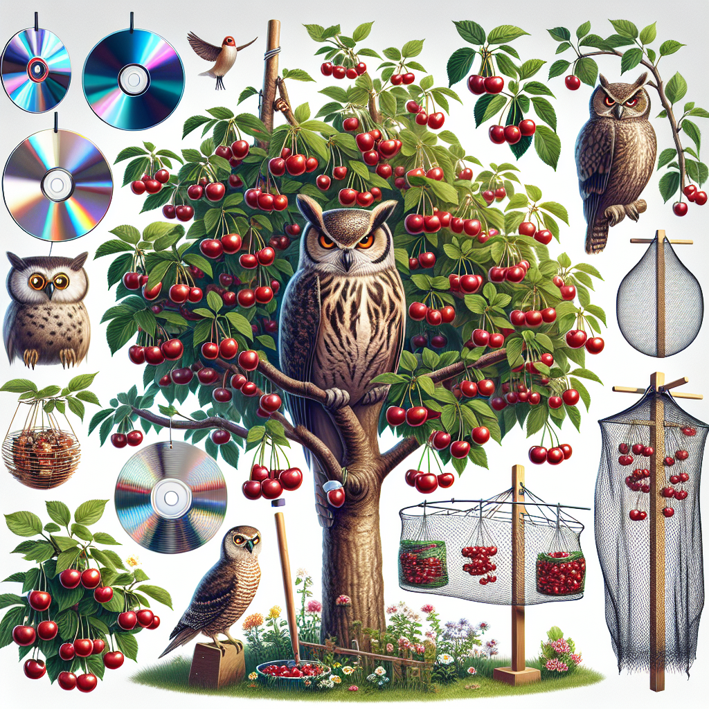 An image showing various tactics to keep birds out of cherry trees. The scene showcases a cherry tree bursting with ripe cherries. Bird deterrents are visible, including shiny reflective objects hanging from the branches, such as old CDs and foils. There's also a realistically designed owl scarecrow perched on a higher branch, and garden netting draped over some parts of the tree. A busy bird feeder is present a bit distance away from the tree, set up to attract the birds away. This whole setting is devoid of any human characters, logos, brand names, or text.