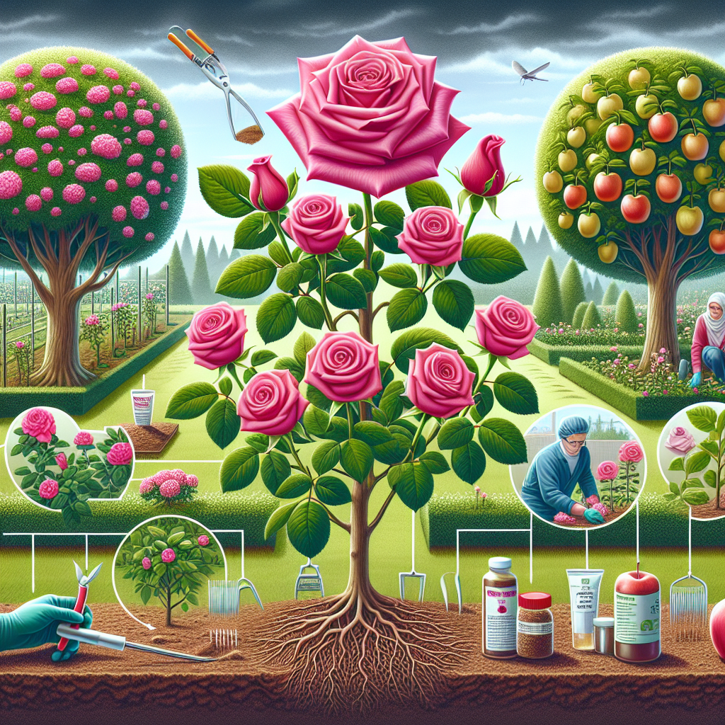 An illustrative scene showcasing the process of preventing crown gall disease in roses and fruit trees. Visualize a set of healthy, vibrant roses on one side with impressive pink blooms. Adjacent to the roses, present a variety of fruit trees including apple and pear trees; they should appear strong and disease-free. Show hints of preventative measures such as sterilized pruning tools, doses of beneficial bacteria for immunization, and a healthy, well-maintained soil environment. No people, text, brand names, or logos should be included in the image.