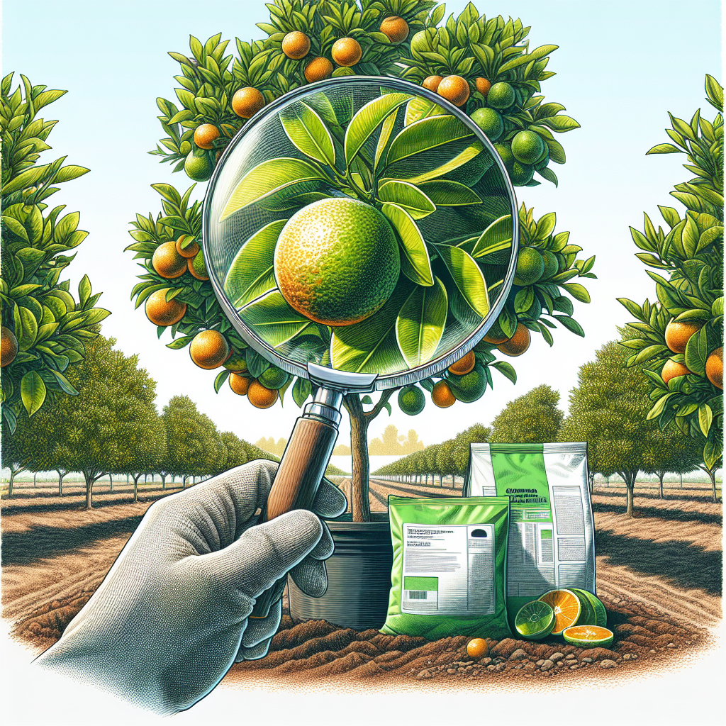 A detailed illustration of a healthy citrus tree radiating with vibrant, lush green leaves contrasting with ripe, succulent citrus fruits hanging from branches. The picture also features a magnifying showpiece revealing the close-up of a leaf, showing a healthy amount of copper represented with a subtle coppery sheen. On the ground around the tree a ring of organic fertiliser which might be a source of copper supplement to the tree is seen, note that there should be no brands or text on the fertilizer bag. The environment is a sunny and pleasant afternoon in an open field.