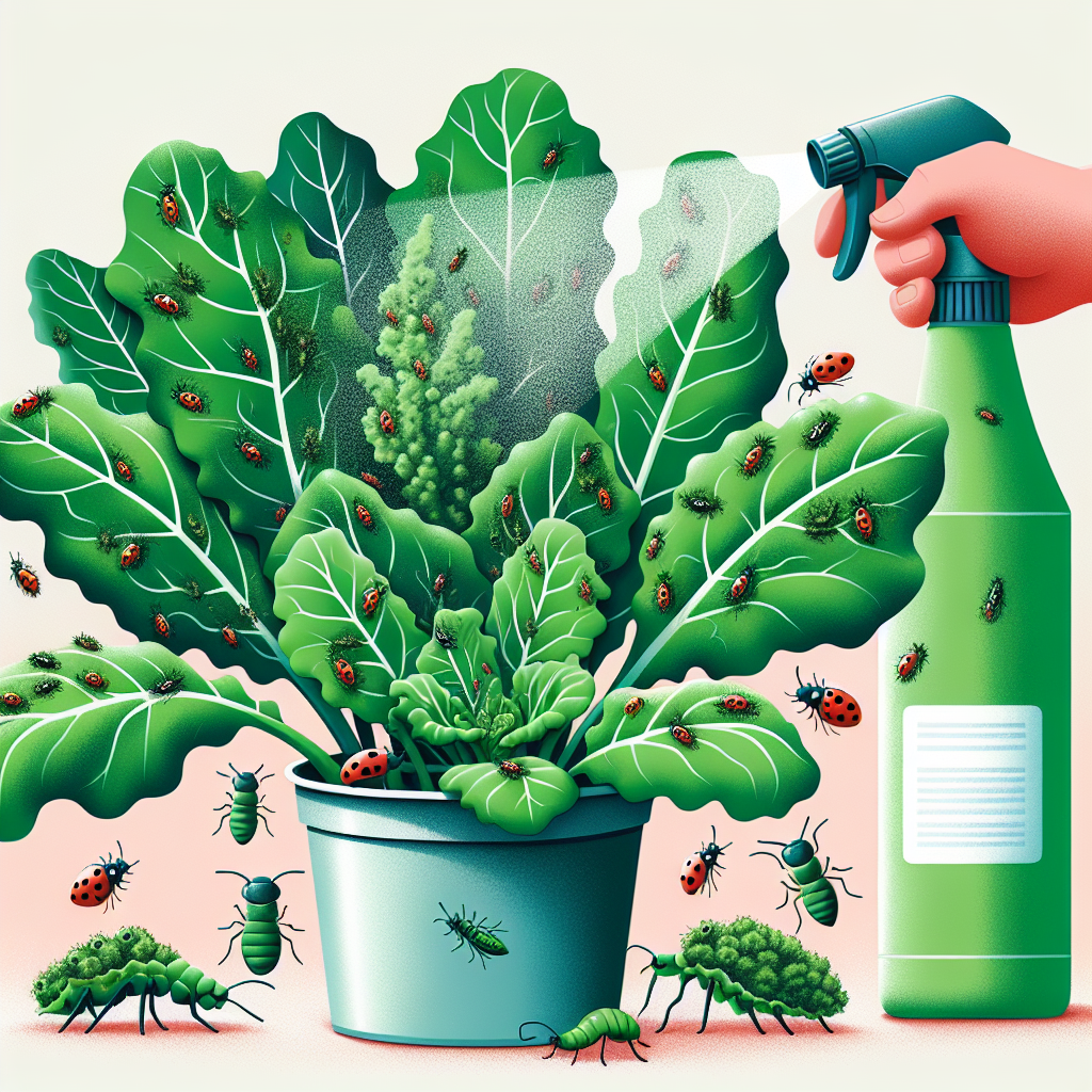 An illustrative image showing a close-up of vibrant green kale and collards' leaves affected by tiny aphids. Strategic placements of organic pest control solutions such as a gentle soap-water mix in a spray bottle and beneficial insects like ladybugs and lacewing larvae around the plants. A simple, nondescript hand sprayer is misting the solution onto the plants. Reminder: no people or brand logos are in the scene.
