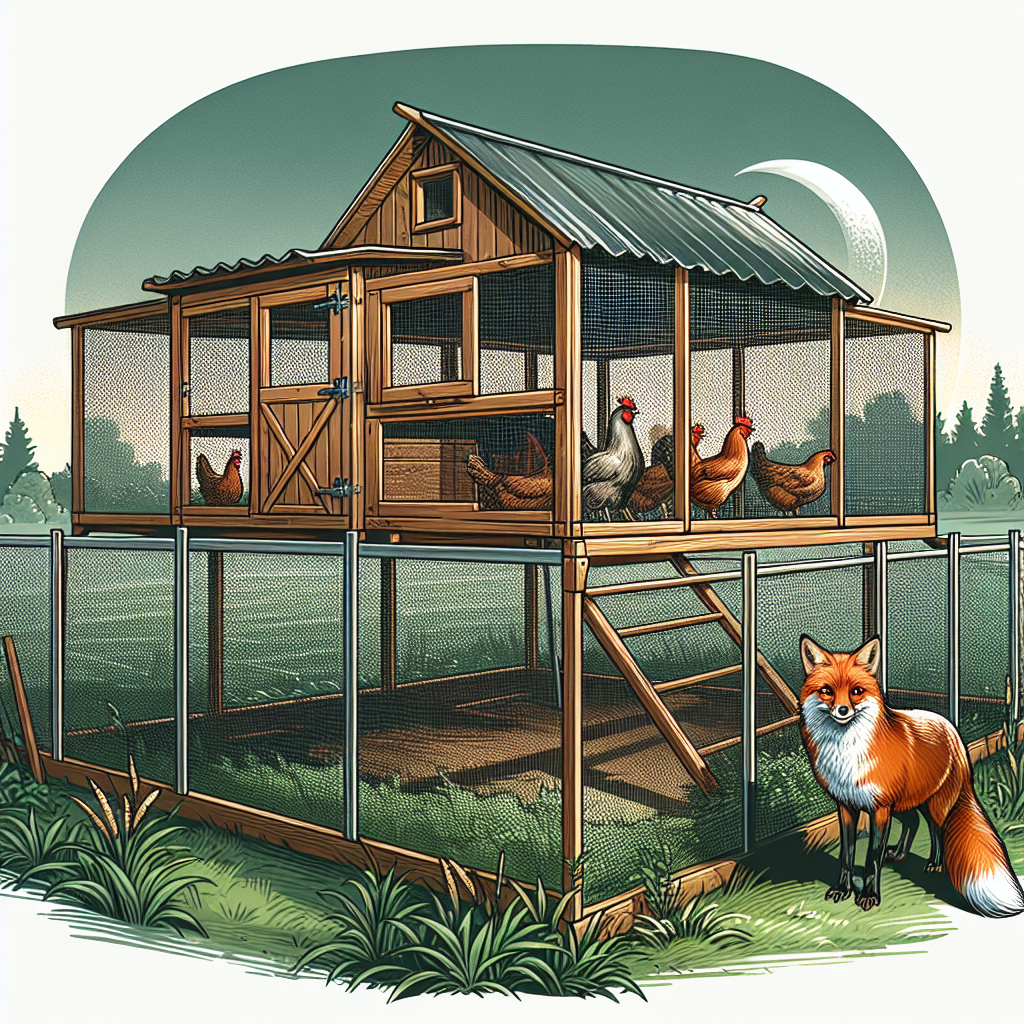 An illustration of a secure chicken coop on a lush, green landscape. The coop features sturdy wooden construction, with a main coop house elevated on stilts and a screened, covered run connected to it. It is completely enclosed with high-quality protective wire mesh to deter predators. Outside the coop, an orange fox is seen with a curious but cautious look, its tail low, realizing it can't access the chickens. It's getting late, the moon is on the rise, and the chickens inside the coop are calmly roosting, oblivious to the fox's presence.