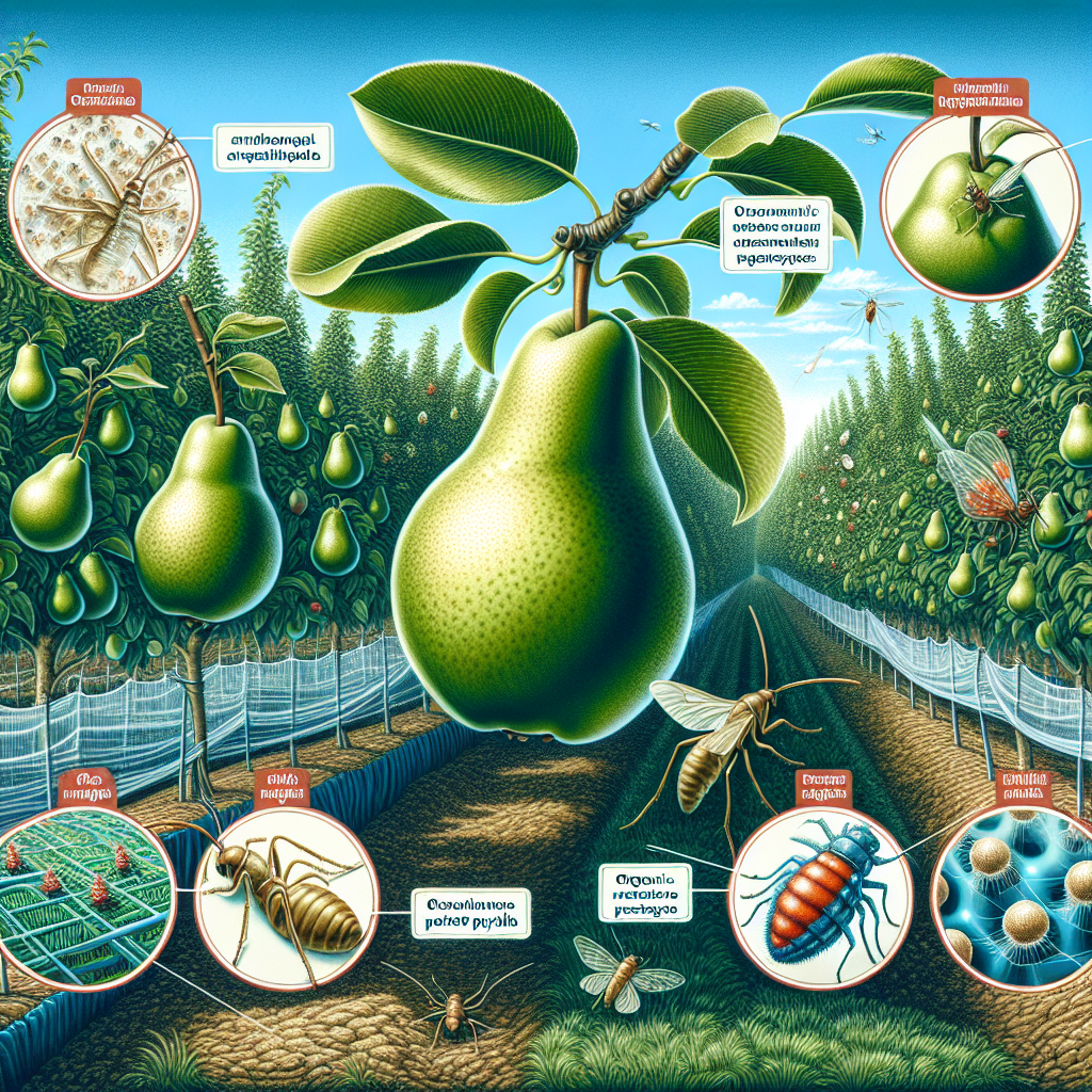 A detailed and colourful depiction of a lush pear tree orchard thriving under a clear blue sky. Within the scene lies essential measures taken for the protection against Pear Psylla. This includes close-up visuals of organic pesticide sprays and barriers such as insect netting draped over the trees. Various stages of the pear psylla lifecycle are subtly shown, including eggs, nymphs, and adults. Keep in mind to neglect the inclusion of any human element, text, brand names, or logos.