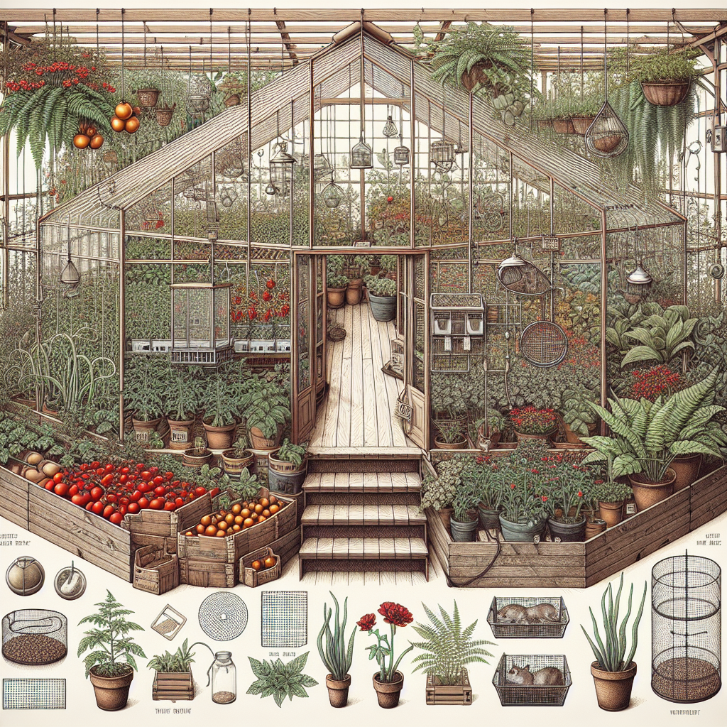 An intricately detailed greenhouse abundant with various plants like tomatoes, ferns, and flowers. It is sealed with mesh screens at the entrances to prevent any rodents from entering. Several simple and effective traps are placed in key locations within the greenhouse. There are natural rodent repellent plants strategically placed around the perimeter. Everything is devoid of any form of text or brand logos.