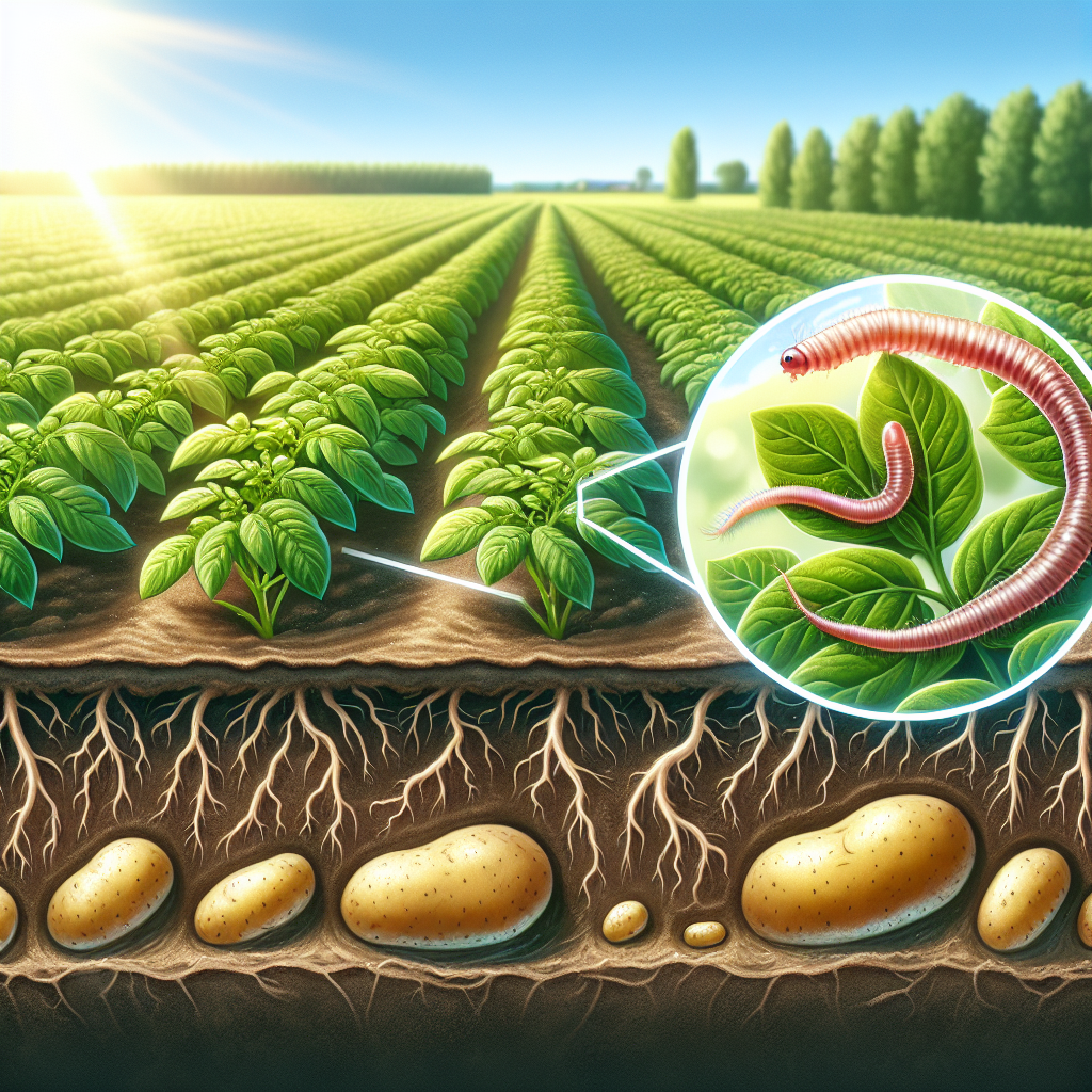 An illustrative depiction of a healthier, flourishing field of potato crops under bright sunlight, completely devoid of any human presence. The leaves are vibrant green, indicating their perfect health, while some potatoes peek out of the soil. Nearby, the microscopic view shows an eelworm, a common pest for potato crops, being repelled away by some natural deterrent. Neither the field nor the microscopic view includes any text or brand logos. This provides a visual interpretation of effective methods for preventing eelworm damage in potato crops.