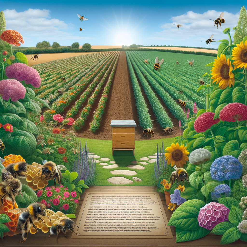 An educational and informative scene that promotes bee safety. In the foreground: the depiction of a lush garden with different varieties of blooming flowers and plants, which are known for providing resources to bumblebees. Near the garden, visualize a beehive in a safe location — distanced from the sprayed crops. In the background: untouched agricultural fields, a clear separation from the pesticide-laden fields. The sky above is a clear blue with the sun shining, representing a hopeful, healthy future for the bees. This image does not contain any human or any textual or brand elements.