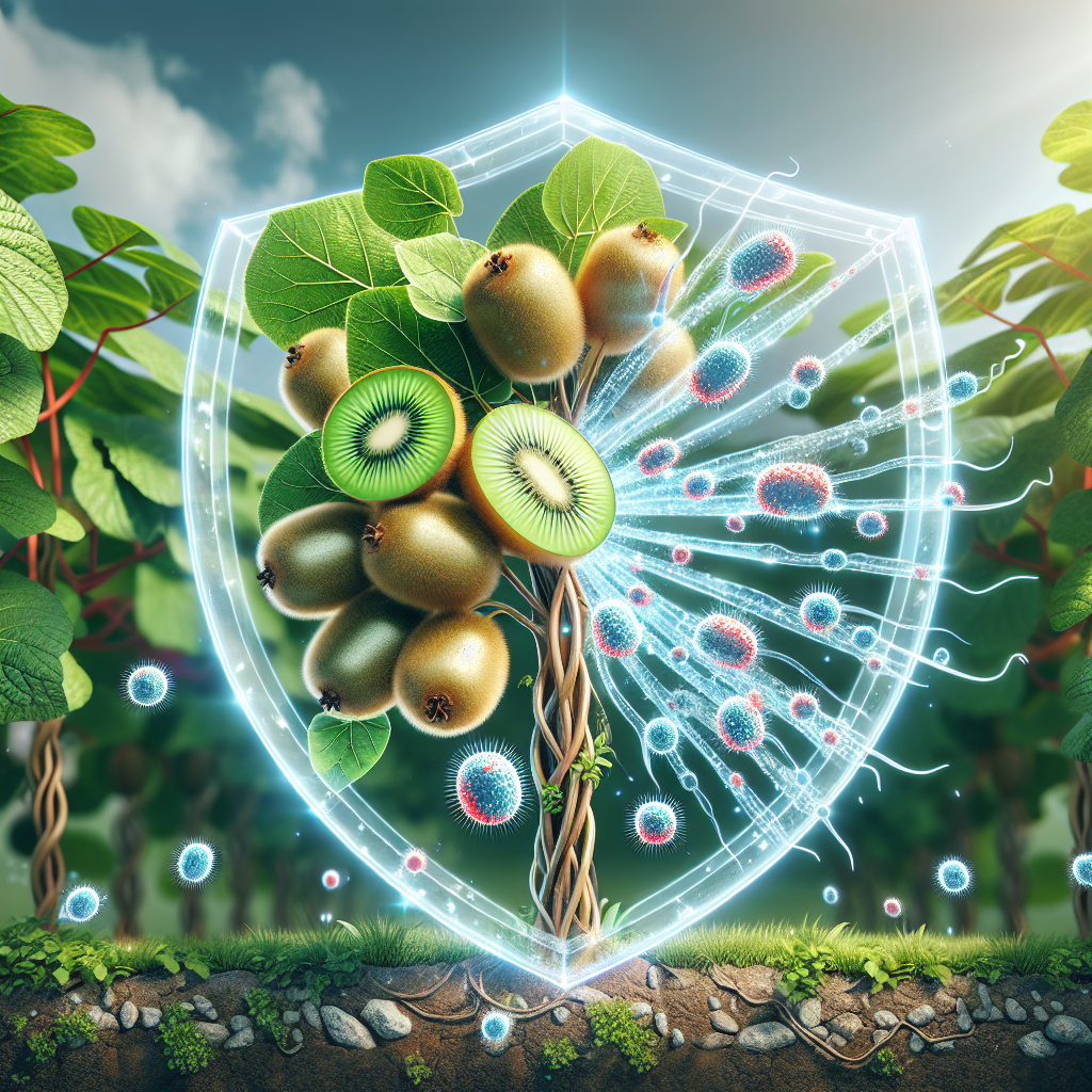 A crystal-clear image that depicts the theme of guarding Kiwifruit from Pseudomonas Syringae. The illustration should showcase a healthy, fresh kiwifruit vine laden with ripening fruits. Emanating from the kiwifruit is an abstract, radiant shield, symbolizing the protection against infection. Nearby, illustrate ominous, microscopic-looking organisms attempting to penetrate the shield, representing Pseudomonas Syringae. Ensure there is no inclusion of people, text, brand names, and logos in the image. The surroundings should probably have other elements of a lush garden, under a subtly bright sky.