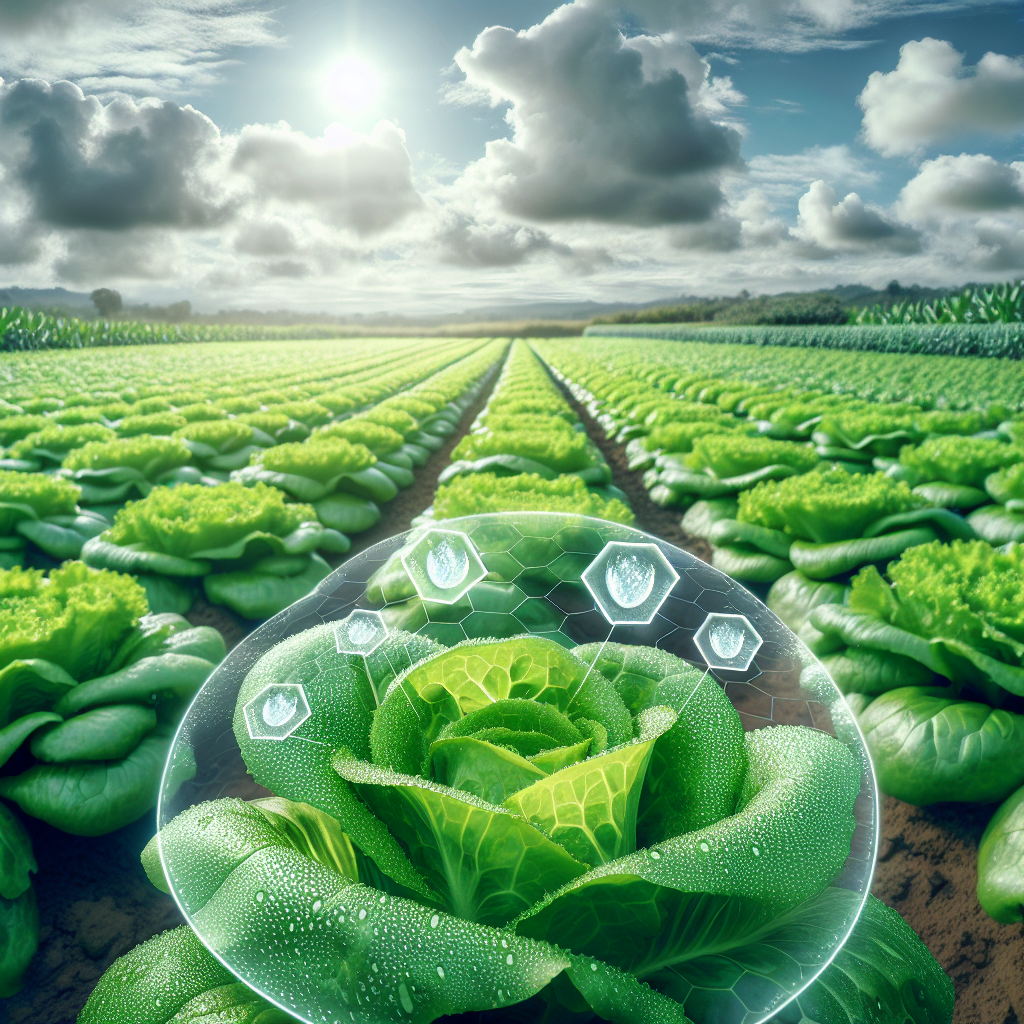 An image showing a lush field of lettuce under a sky that is dotted with fluffy clouds. The leaves of the lettuce appear healthy and vibrant. A myriad of invisible shields are hovering above the green field of lettuce, offering protection. There's even a close-up of one leaf, which demonstrates the effectiveness of the shield as dew drops slide off it, suggesting its resilience against downy mildew. The surrounding atmosphere is serene, embodying the success of the protective shield in preventing an outbreak.