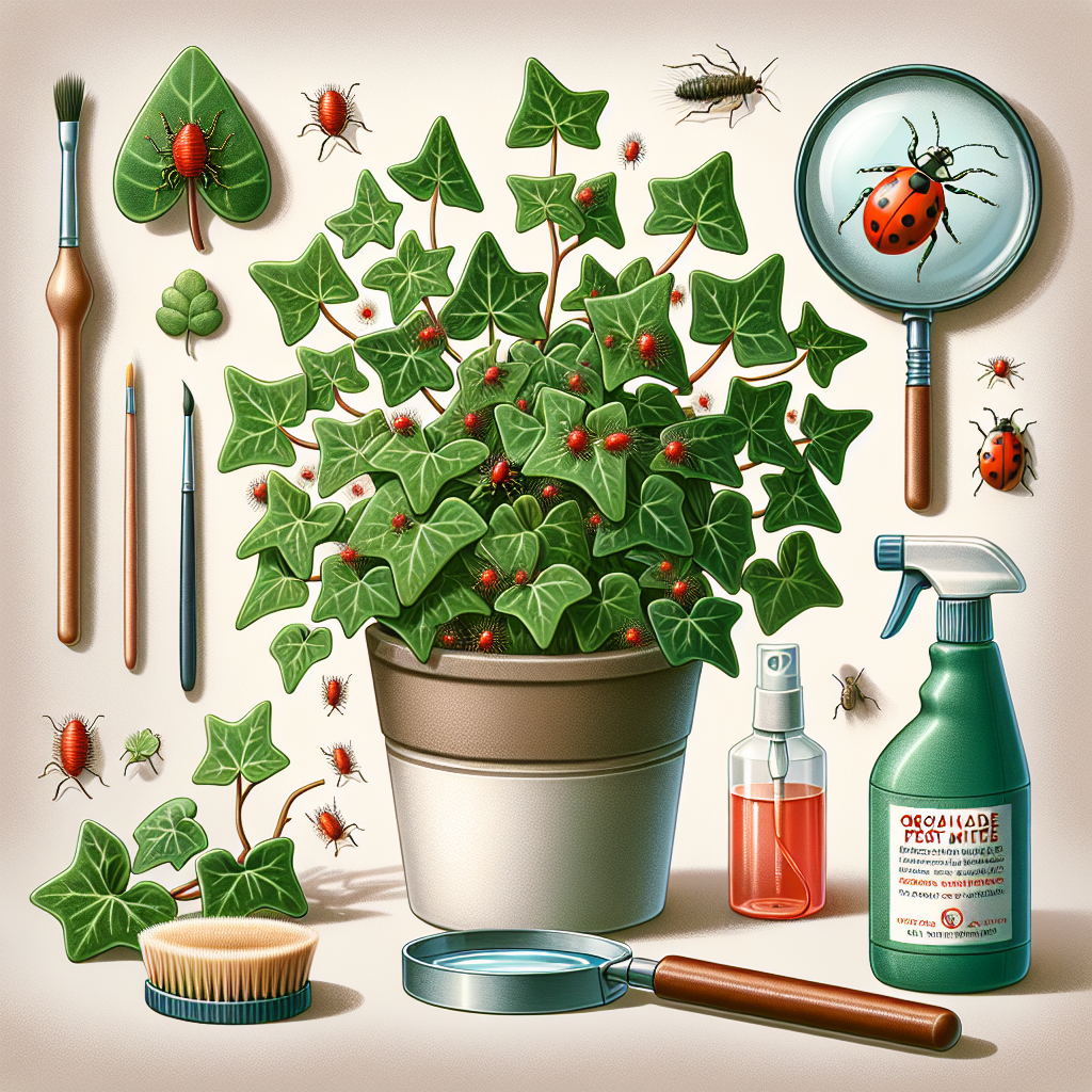 A detailed image illustrating effective measures to prevent red spider mites on indoor ivies. The setting includes a healthy looking ivy plant inside a simple ceramic pot positioned on a neutral background. Predominantly, visible in the scene are elements associated with organic pest-control like a spray bottle with an unnamed homemade natural repellent, a magnifying glass to inspect for mites, and a soft-bristle paintbrush for gentle cleaning. Also, somewhere in the setting, subtly depict an image of a harmless, beneficial insect like a ladybug seen on the ivy, representing biological control methods.