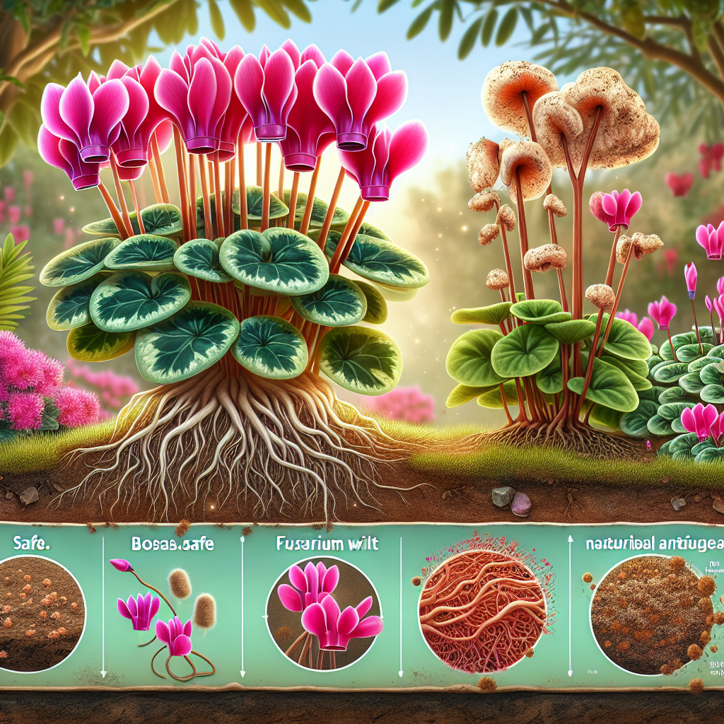 An educational and informative scenic image that depicts a rich, healthy, flourishing cyclamen plant with radiant pink flowers. Nearby, another cyclamen plant is showing signs of Fusarium wilt, with wilting leaves and stunted growth. A cutaway view of the soil reveals beneficial microbes thriving around the roots of the healthy plant. A safe, biosafe, non-branded, natural antifungal product is shown, which combats against the Fusarium pathogens. Setting is a well-lit garden or greenhouse, without any people or text on any object.