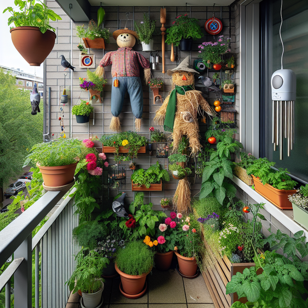 An urban scene showcasing a compact balcony garden. The garden features a variety of lush green plants, vibrant flowers and a small tomato vine. A scarecrow, crafted from straw and dressed in plain clothes, is positioned prominently amongst the foliage to deter unwelcome visitors. Nearby, a few decorative wind chimes hang, their soft tinkling sound serving the dual purpose of adding an ambient melody and discouraging avian intruders. An ultrasonic bird deterrent device can also be seen, quietly providing additional protection. Despite this, a couple of pigeons can be seen perched on a nearby rooftop, eyeing the garden from a safe distance.