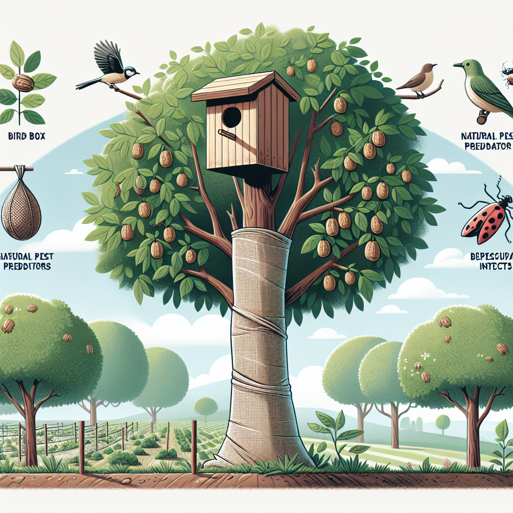 Visualize an image that represents strategies for protecting walnut trees from pests. Depict a healthy walnut tree in a lush grove with a bird box installed high up. Nearby, show another tree where cloth or burlap has been wrapped around the trunk to prevent insects from climbing. To the side, portray natural pest predators like birds and beneficial insects, such as ladybugs and praying mantis, being attracted by specific plants. Keep all visuals clear of any human presence, text, logos or brand names.